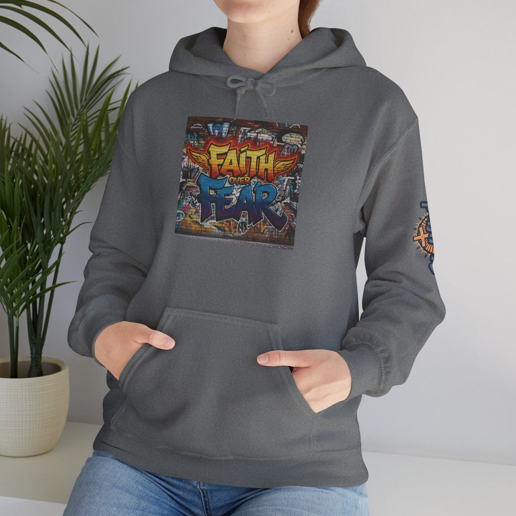 Faith Over Fear Hoodie – Graffiti Wall Christian Sweatshirt for Bold 2 Corinthians 5:7 Streetwear & Unshakable Faith Printify