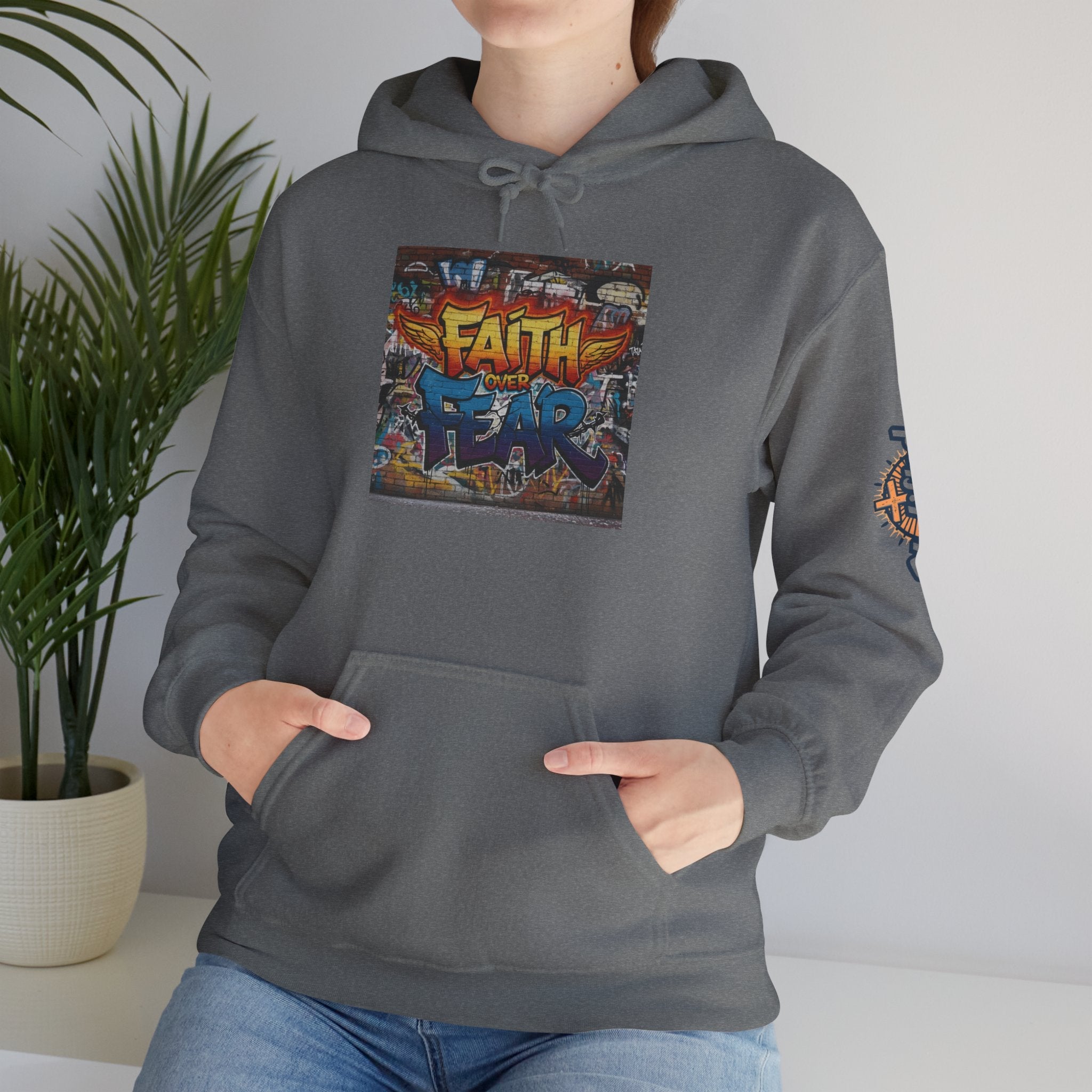 Faith Over Fear Hoodie – Graffiti Wall Christian Sweatshirt for Bold 2 Corinthians 5:7 Streetwear & Unshakable Faith Printify