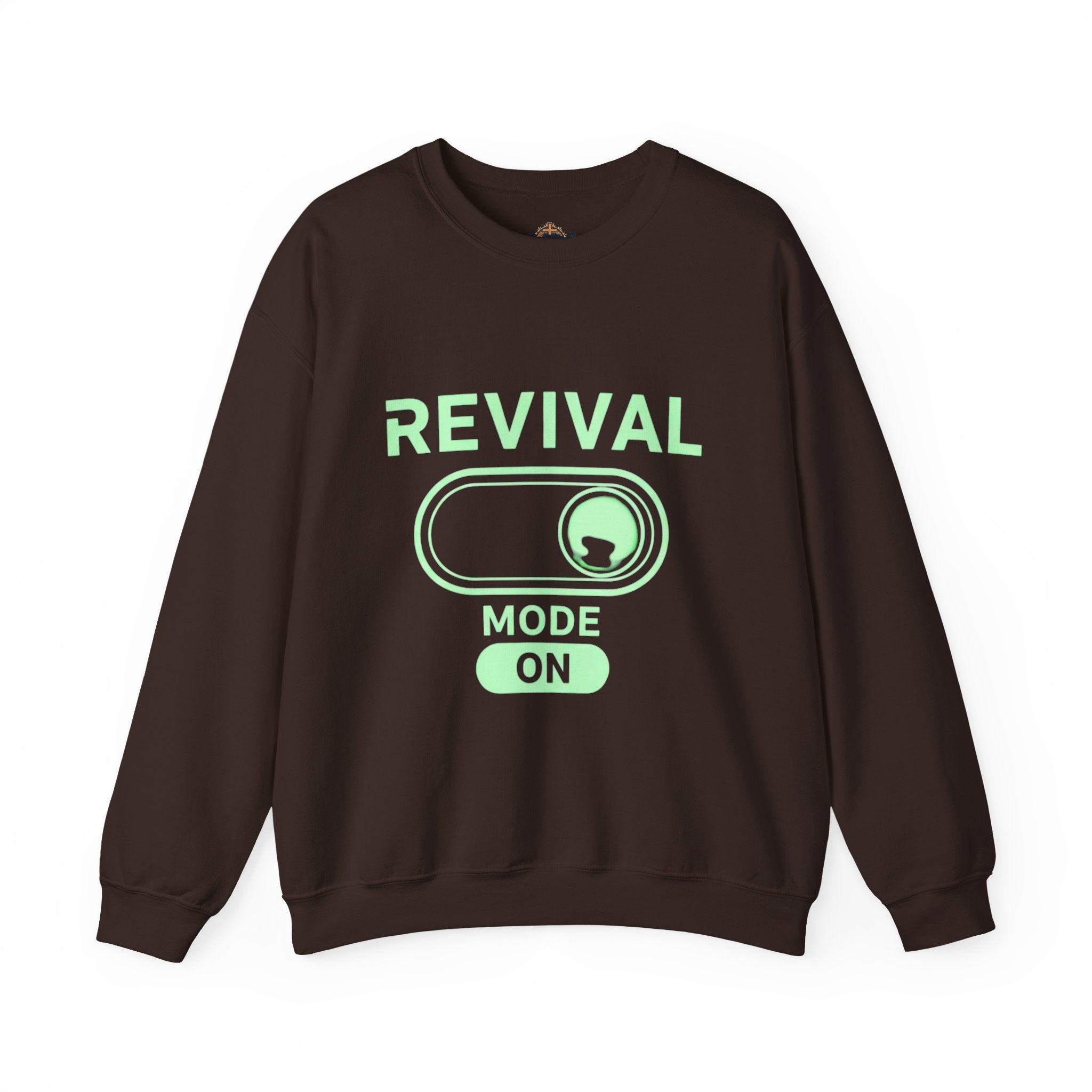 🔥 Revival Mode: ON – Christian Techwear Sweatshirt | Glowing Green Faith Switch | Futuristic Jesus Shirt | Activate Your Spiritual Awakening | Uplifted Gear Printify