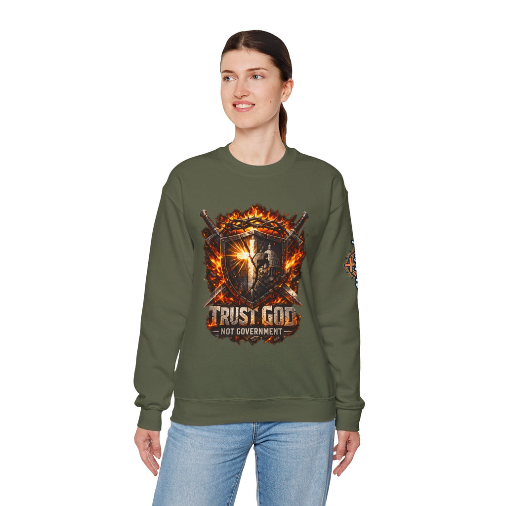 Trust God Not Government Shield Sweatshirt — Patriotic Christian Faith Sweatshirt Printify