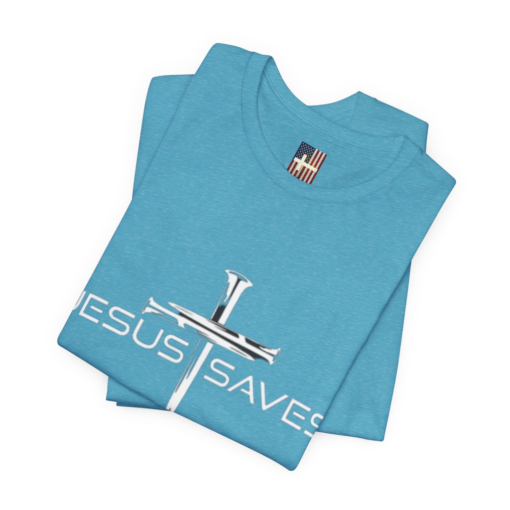 Jesus Saves T-shirt – 3 Nails Crucifix Cross Christian T-shirt for Redemption Faith & Bold Salvation Printify