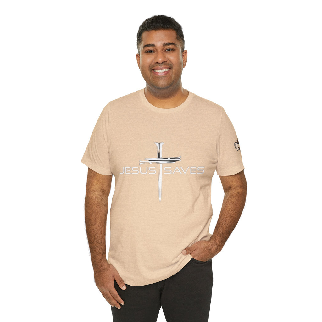 Jesus Saves T-shirt – 3 Nails Crucifix Cross Christian T-shirt for Redemption Faith & Bold Salvation Printify