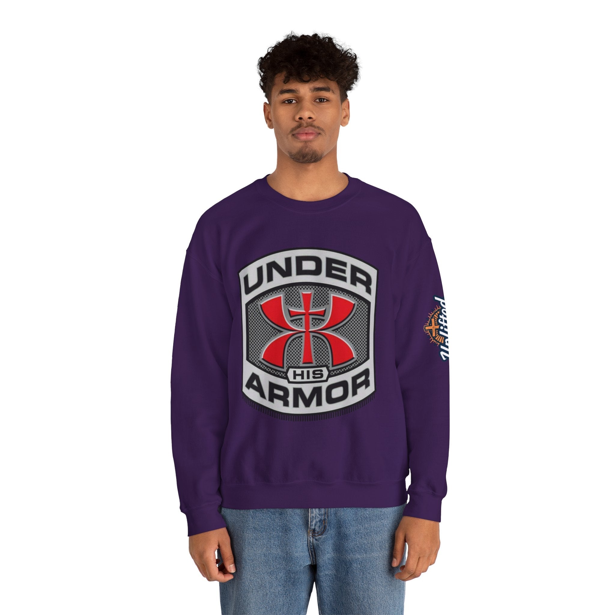 Under His Armor Crewneck Sweatshirt — Christian Faith Graphic Pullover Printify