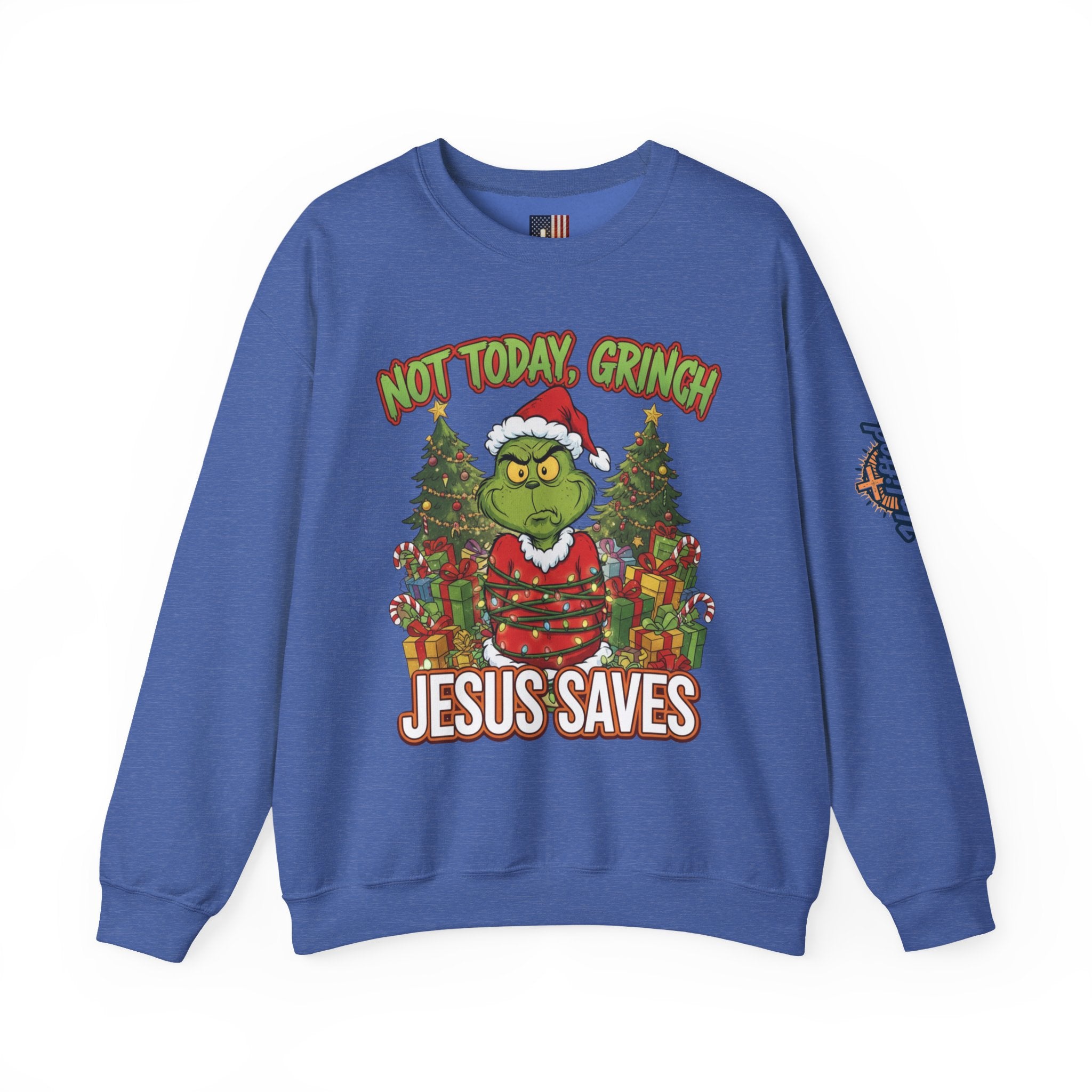 🎄 Not Today, Grinch – Jesus Saves | Funny Christian Christmas Sweatshirt | Sulking Grinch & Glowing Cross | Bold Neon Faith Tee by Uplifted Gear Printify