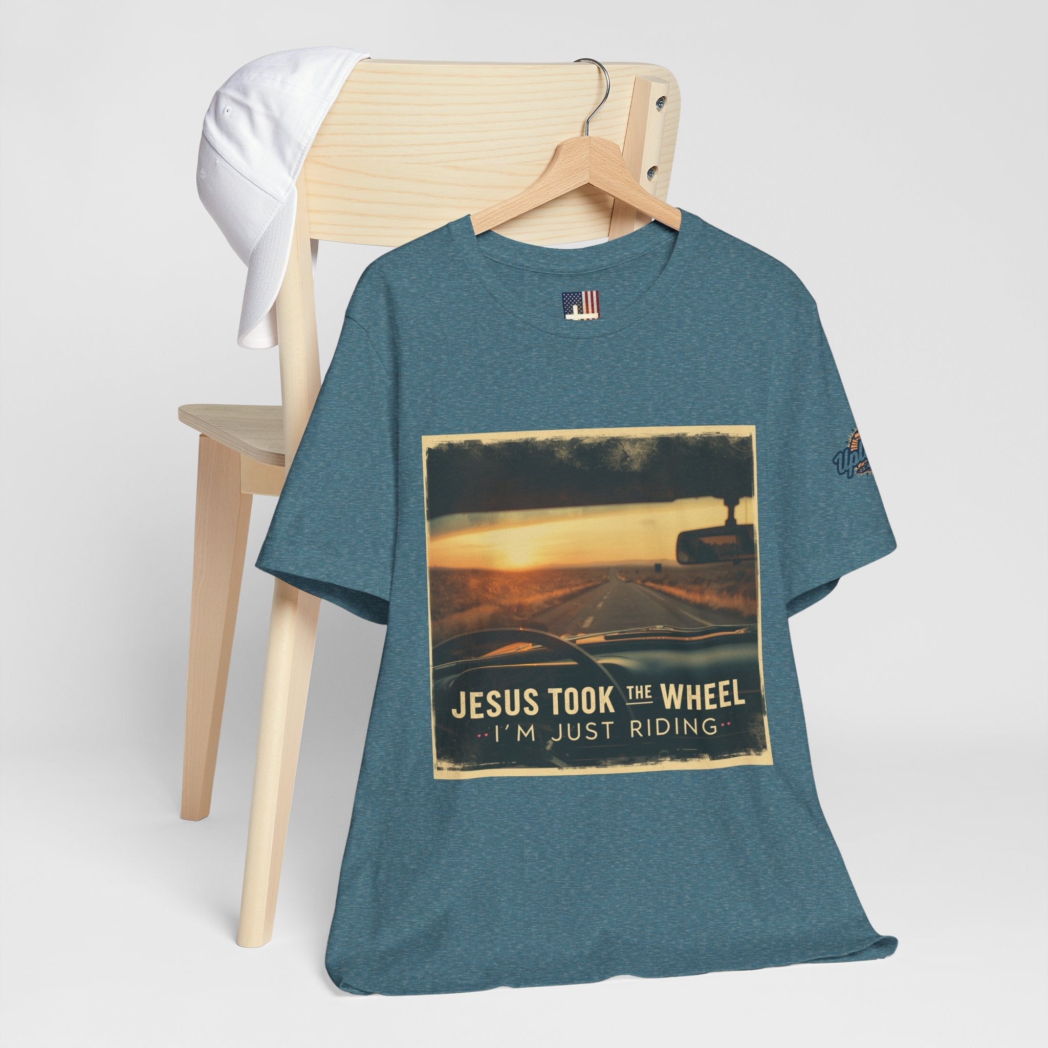 Jesus Took the Wheel I'm Just Riding T-shirt – Funny Christian Convertible Car T-shirt for Surrendered Faith & Humor Printify