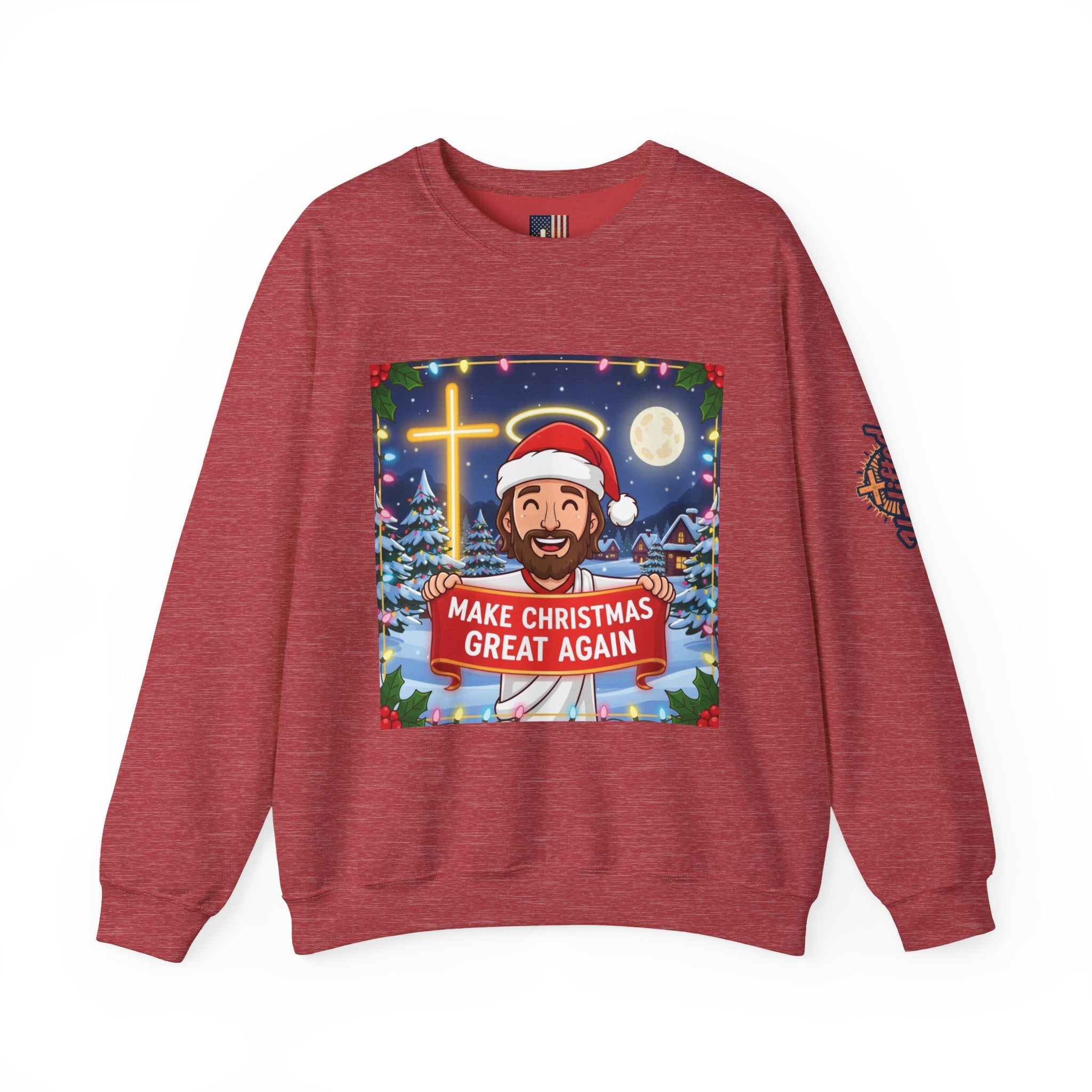 🎄 Make Christmas Great Again – Funny Christian Sweatshirt | Jesus Holding Banner | Faith-Based Holiday Parody Tee | Uplifted Gear Printify