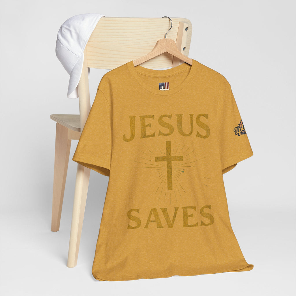 Jesus Saves T-shirt – Radiant Cross & Rays of Light Christian T-shirt for Eternal Hope & Faith Printify