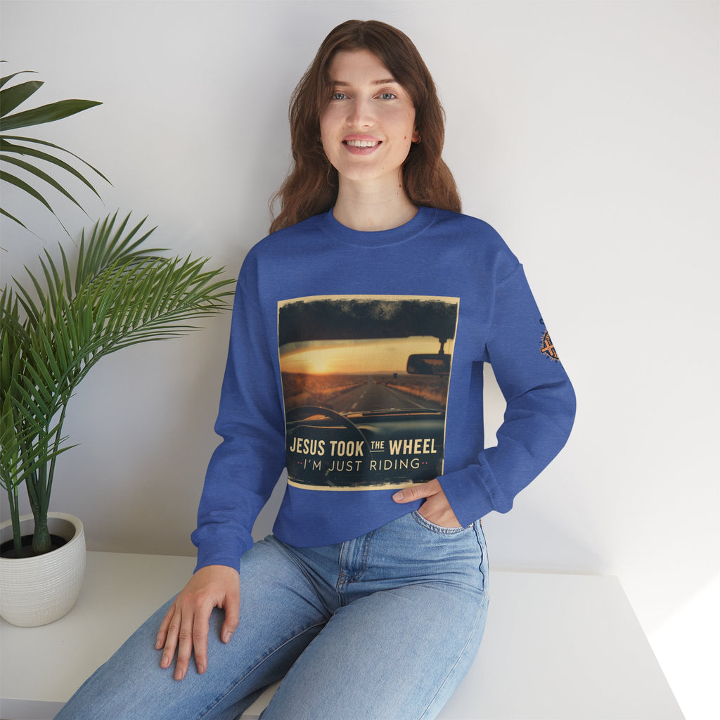 Jesus Took the Wheel I'm Just Riding Sweatshirt – Funny Christian Convertible Car Sweatshirt for Surrendered Faith & Humor