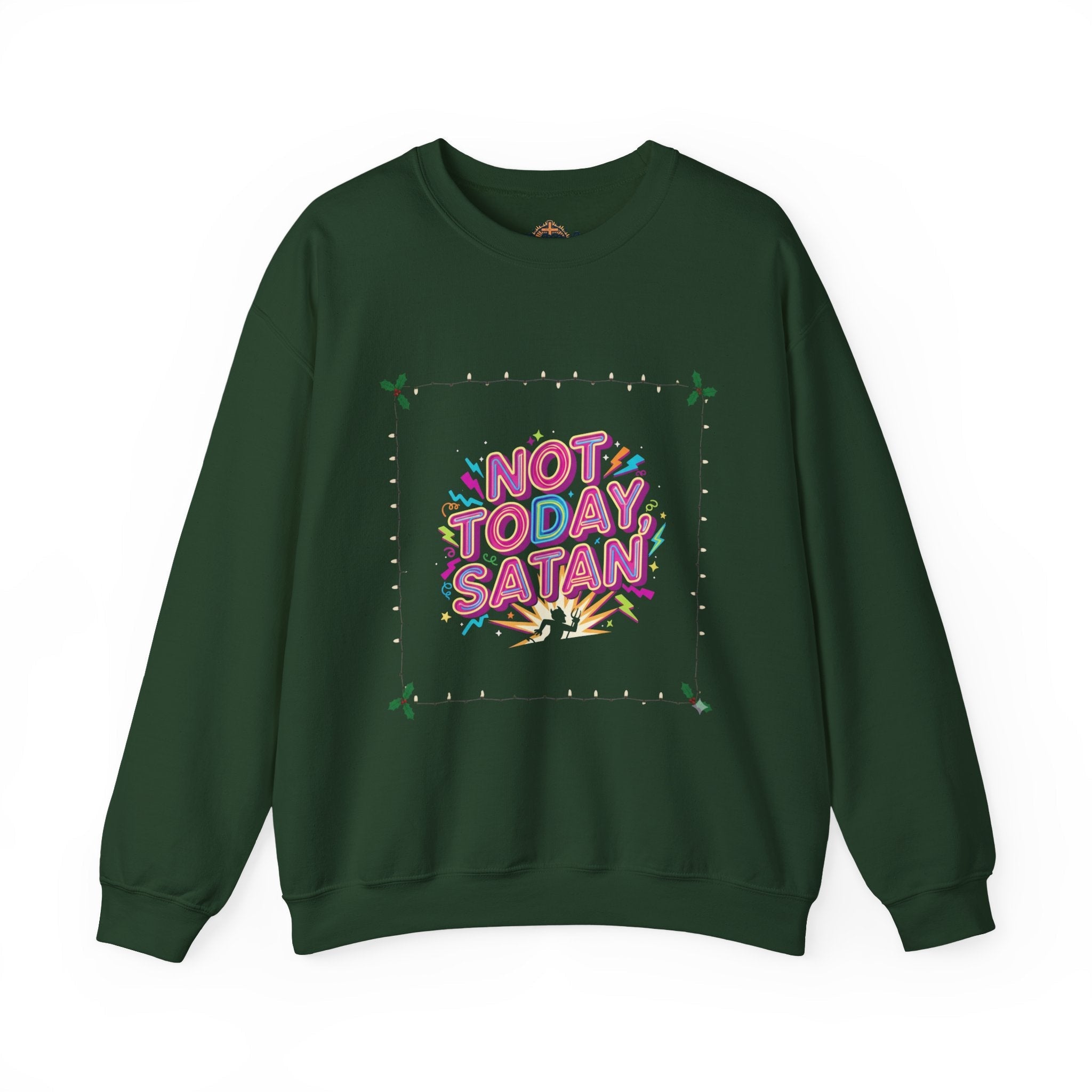 🔥 Not Today, Satan – Retro 90s Christian Sweatshirt | Neon Faith Tee | Funky Cartoon Devil | Bold Bible Verse Shirt | Uplifted Gear Printify