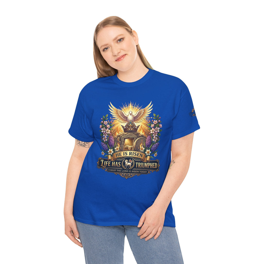 He Is Risen "Life Has Triumphed" T-Shirt — Easter Resurrection Christian Tee Printify