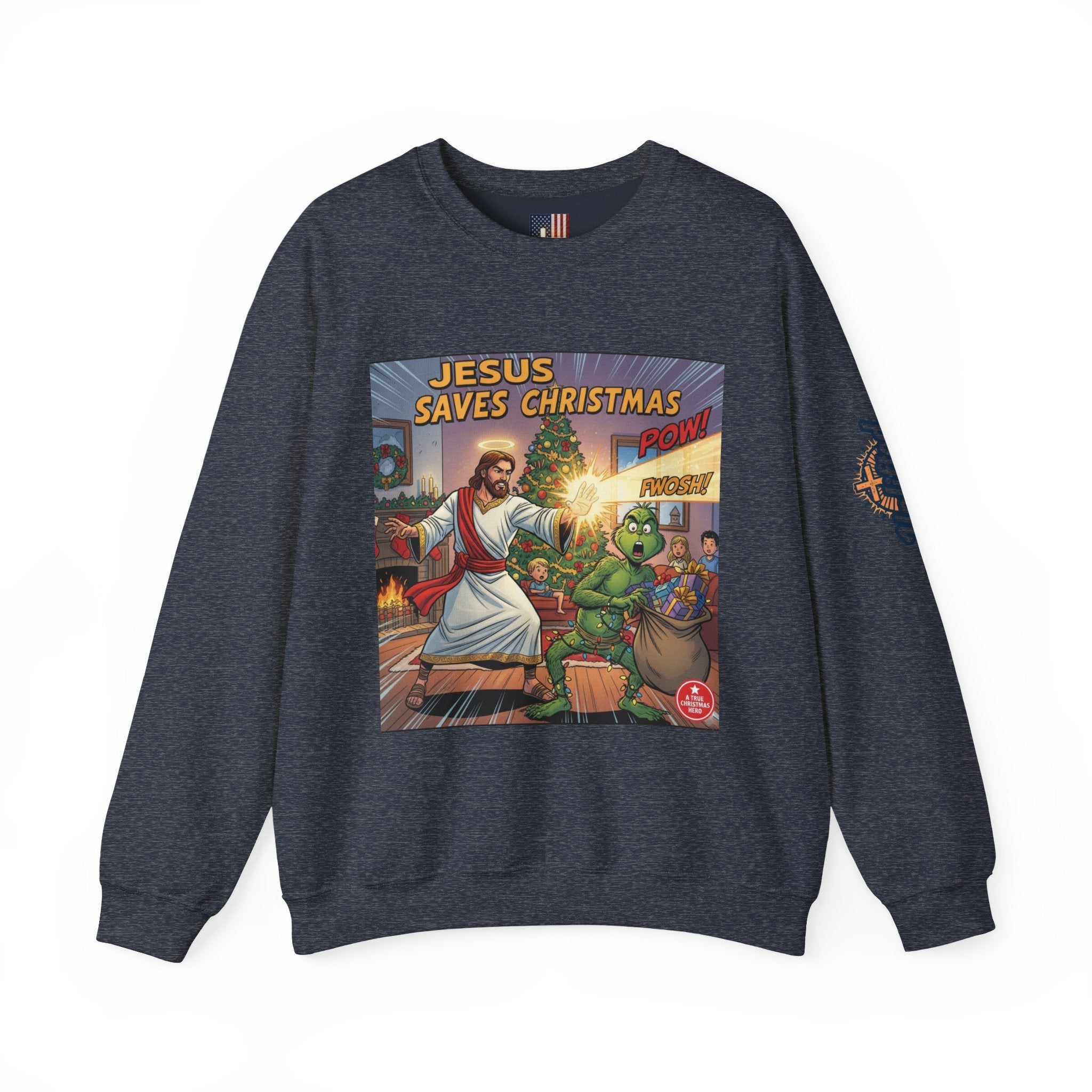 Jesus Saves Christmas Sweatshirt – Grinch vs Savior Light Battle Christian Sweatshirt for Hilarious Holiday Faith & True Joy Printify