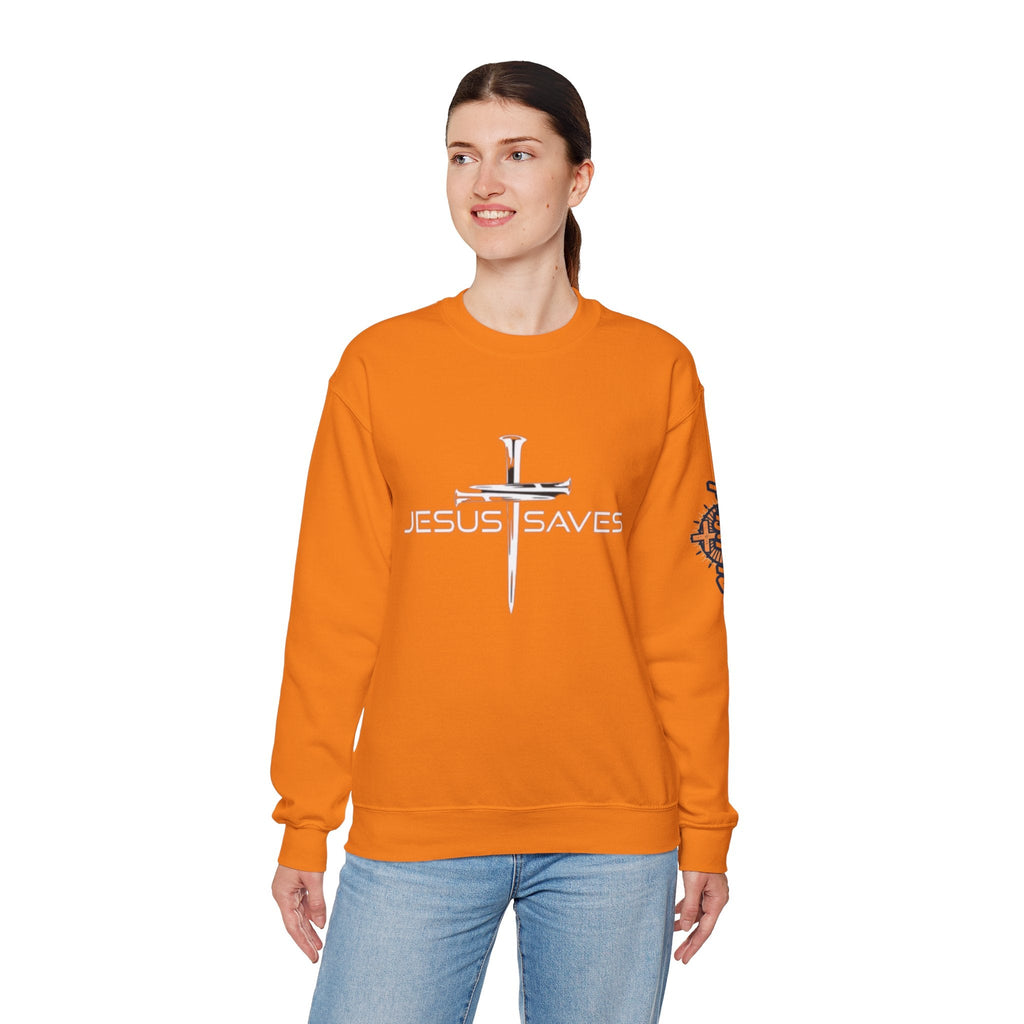 Jesus Saves Sweatshirt – 3 Nails Crucifix Cross Christian Sweatshirt for Redemption Faith & Bold Salvation Printify