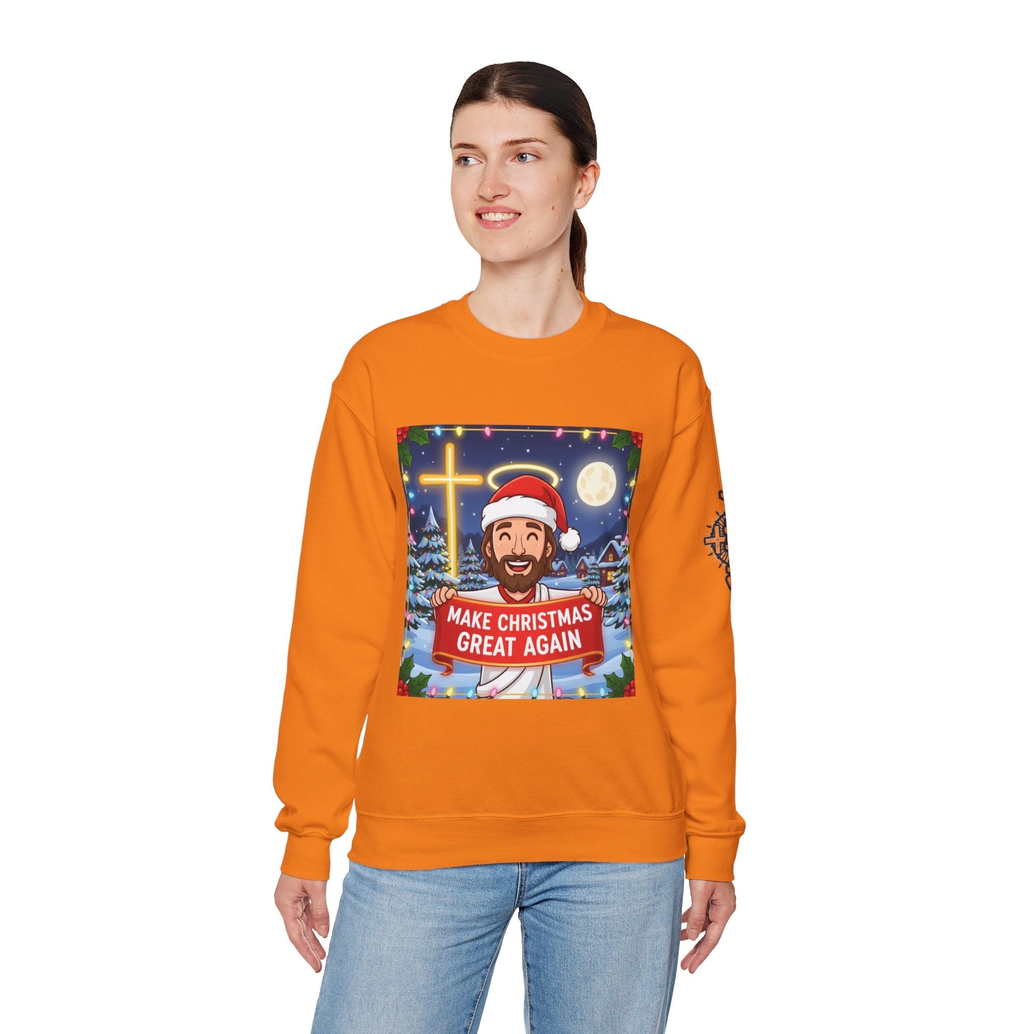 🎄 Make Christmas Great Again – Funny Christian Sweatshirt | Jesus Holding Banner | Faith-Based Holiday Parody Tee | Uplifted Gear Printify