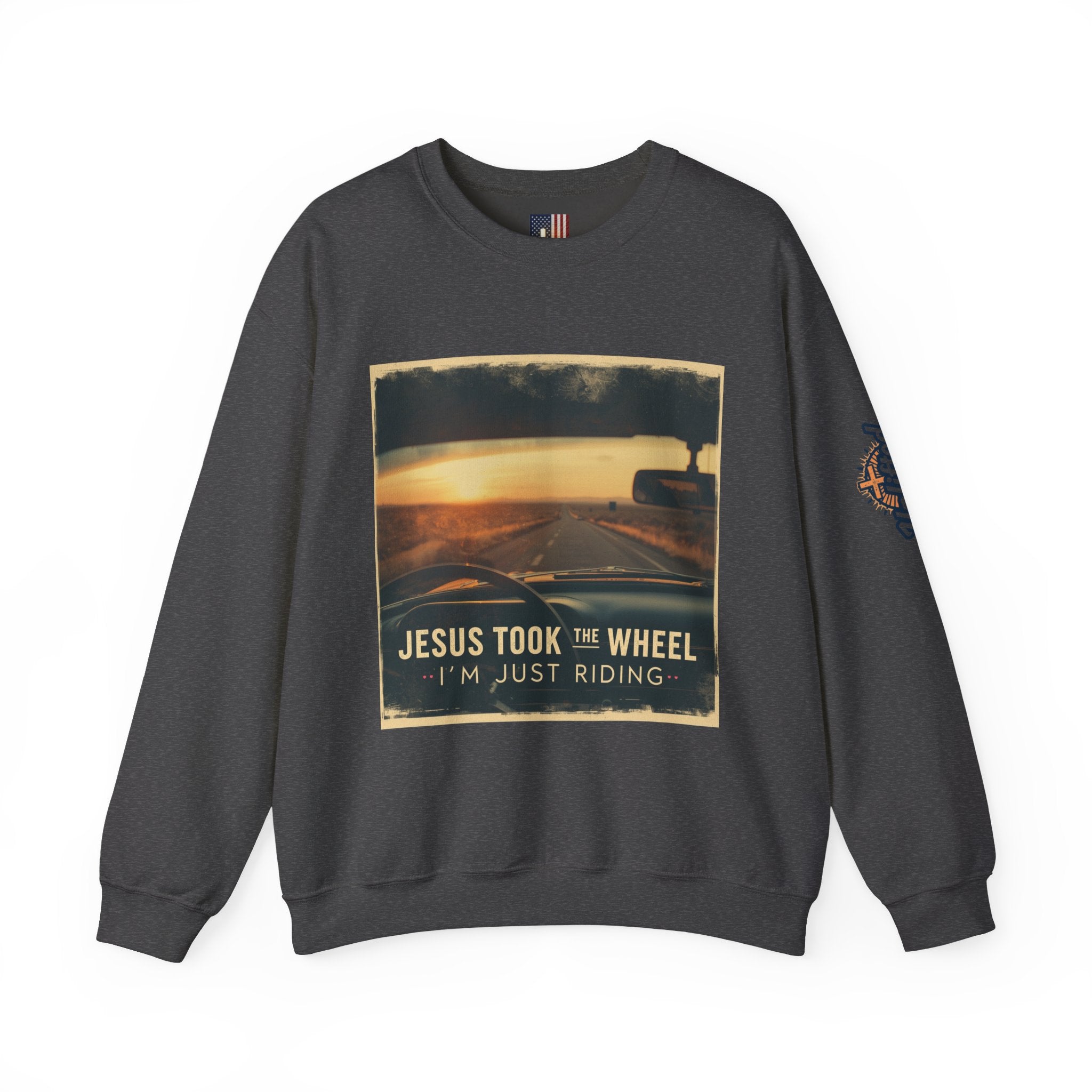 Jesus Took the Wheel I'm Just Riding Sweatshirt – Funny Christian Convertible Car Sweatshirt for Surrendered Faith & Humor Printify