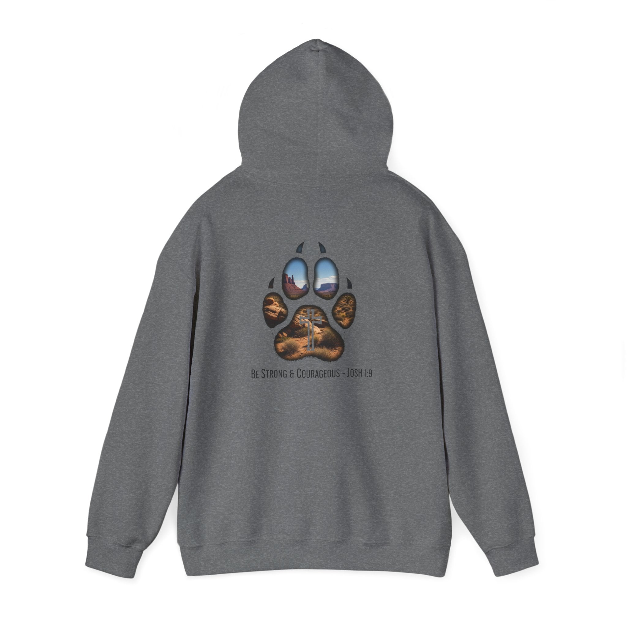 Strong and Courageous Hoodie – Joshua 1:9 Canine Pawprint Desert Christian Hoodie for Dog Lovers Printify