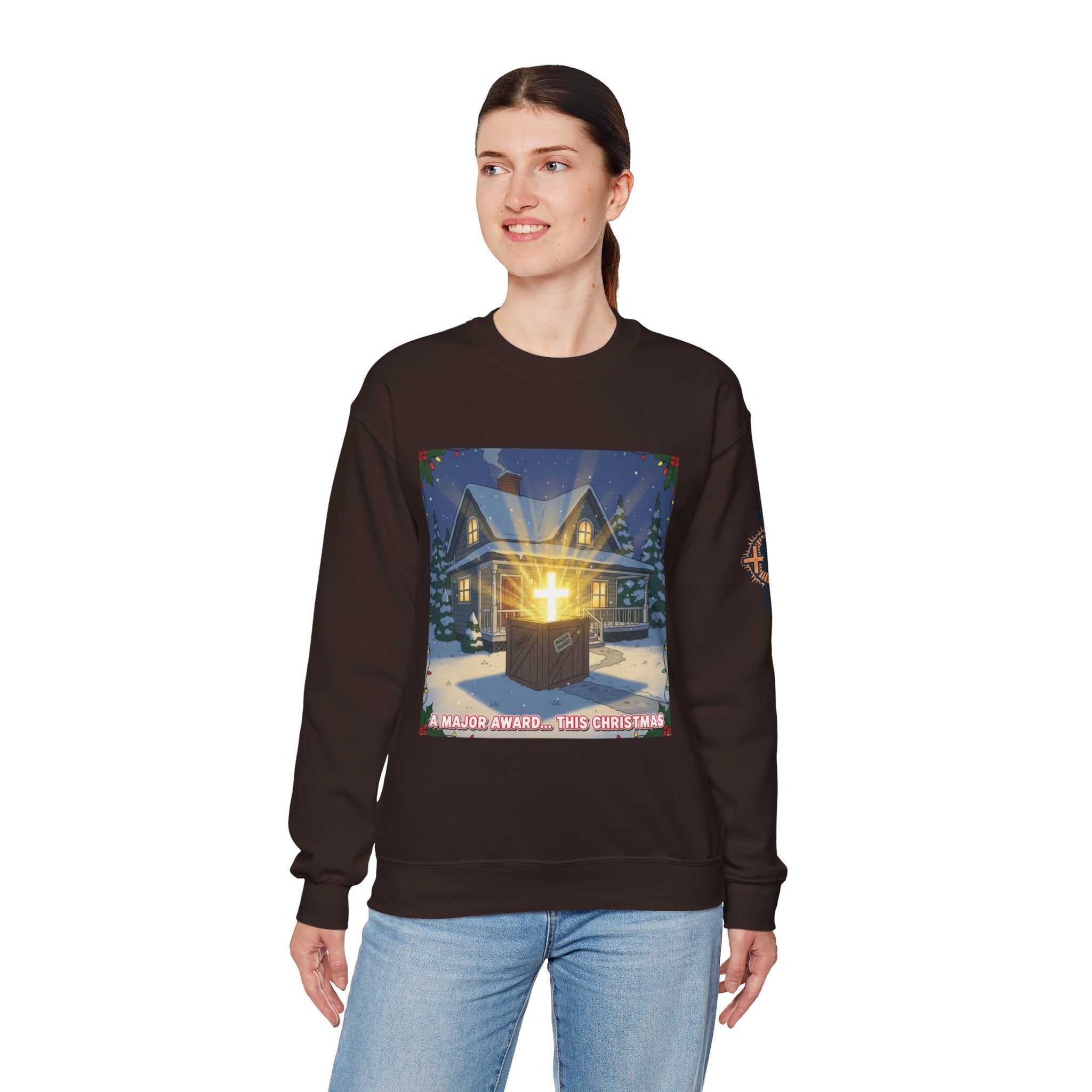 A Major Award This Christmas Sweatshirt – Fragile Leg Lamp Parody Cross Unboxing Christian Sweatshirt for Hilarious Faith & Holiday Glow Printify