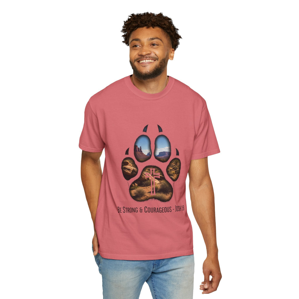 Strong and Courageous T-Shirt – Canine Pawprint Desert Joshua 1:9 Christian Tee Printify