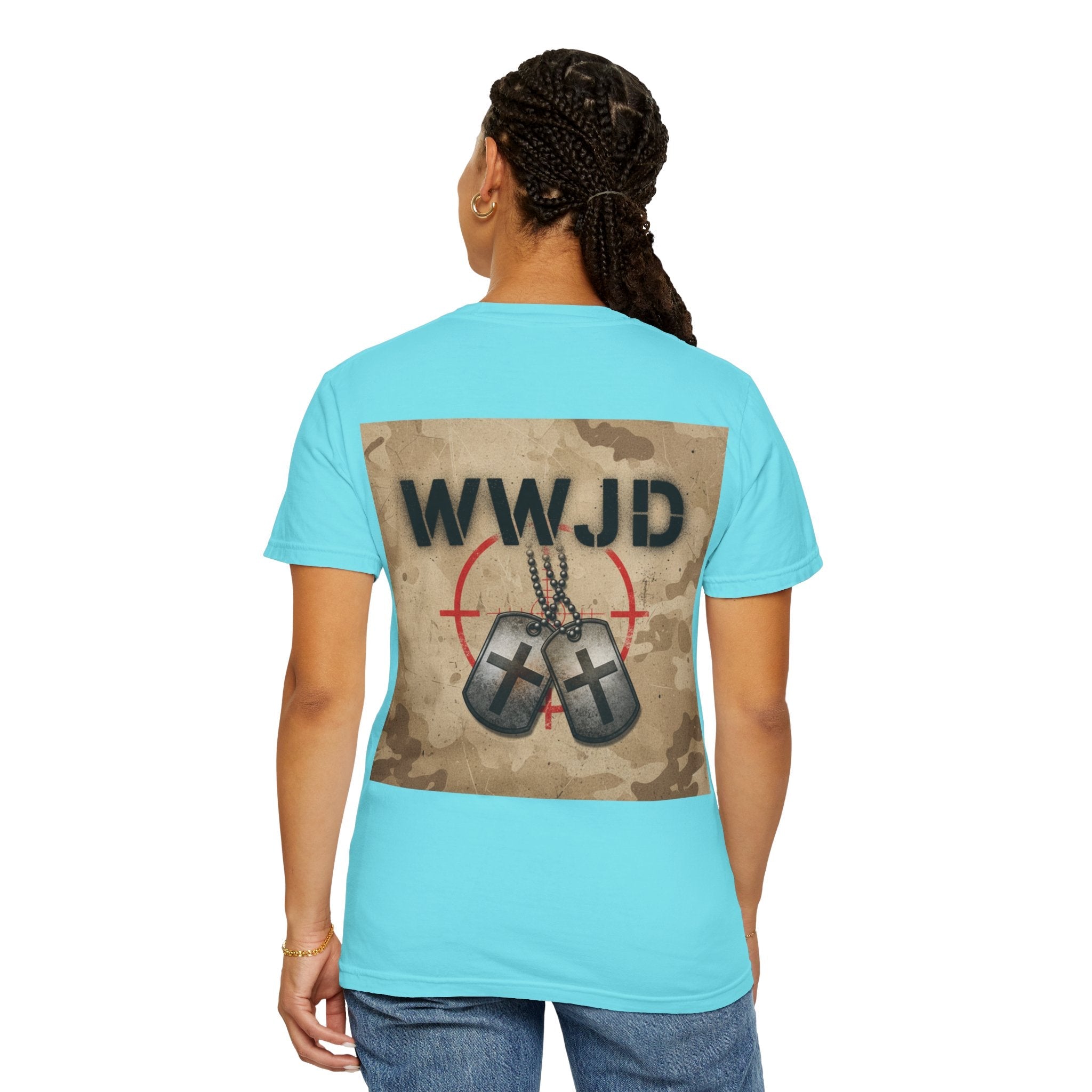 WWJD T-shirt – Military Dog Tags What Would Jesus Do Camo Christian T-shirt for Bold Faith & Streetwear Printify