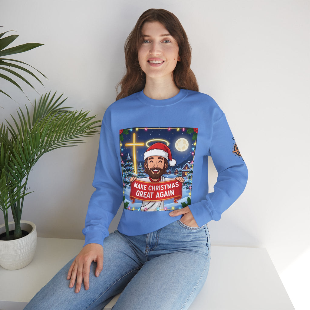 🎄 Make Christmas Great Again – Funny Christian Sweatshirt | Jesus Holding Banner | Faith-Based Holiday Parody Tee | Uplifted Gear Printify