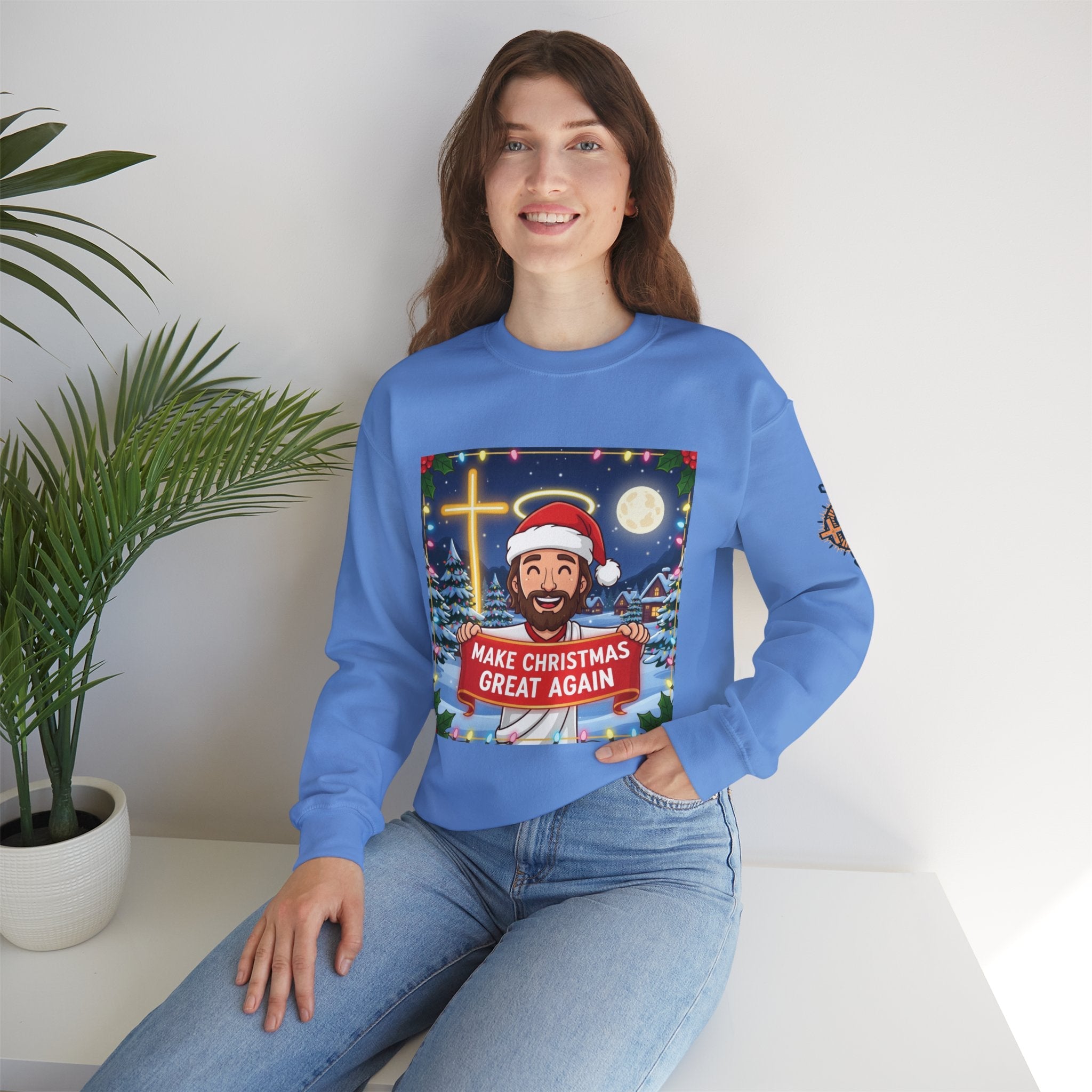 🎄 Make Christmas Great Again – Funny Christian Sweatshirt | Jesus Holding Banner | Faith-Based Holiday Parody Tee | Uplifted Gear Printify
