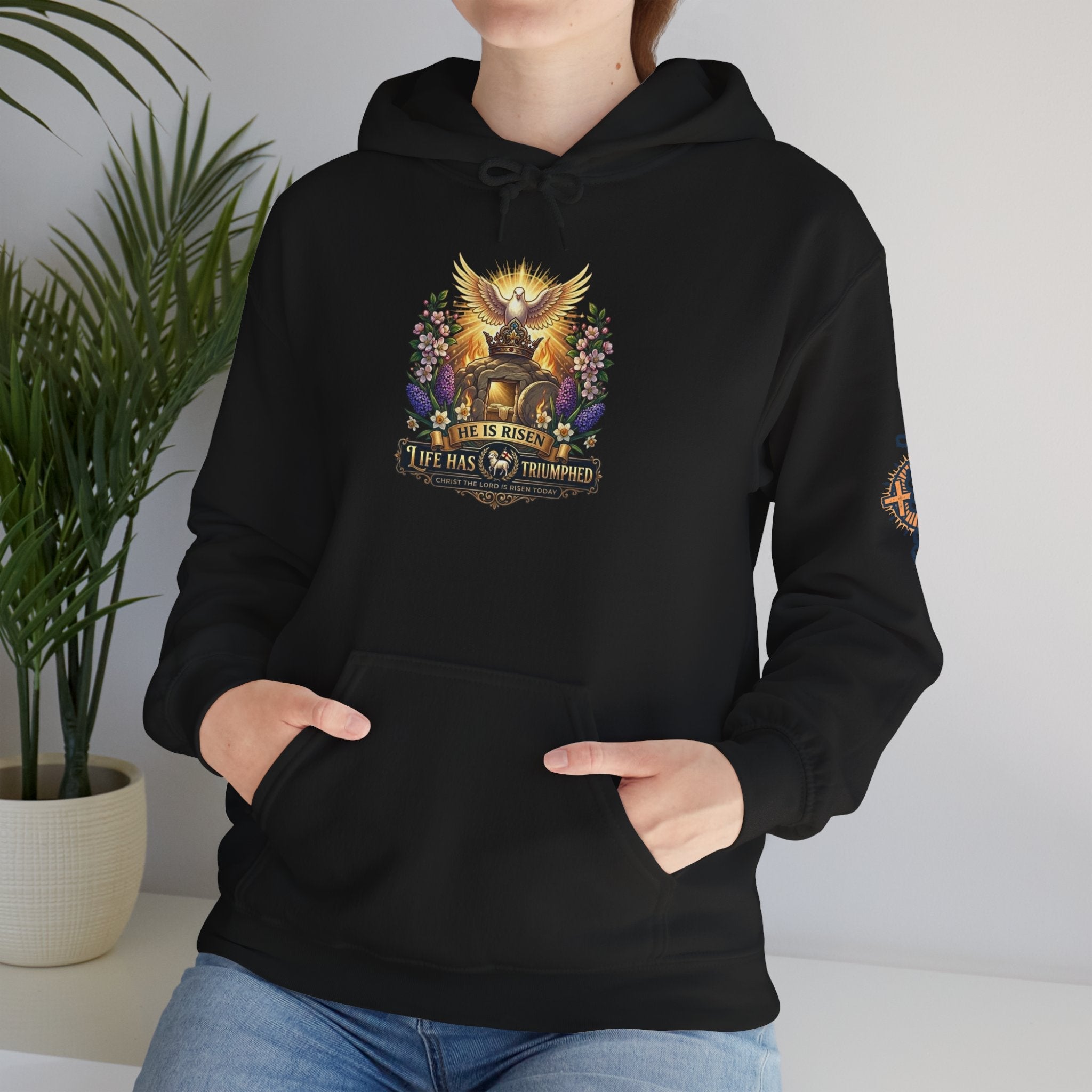 He Is Risen "Life Has Triumphed" Hoodie — Easter Resurrection Christian Hoodie Printify