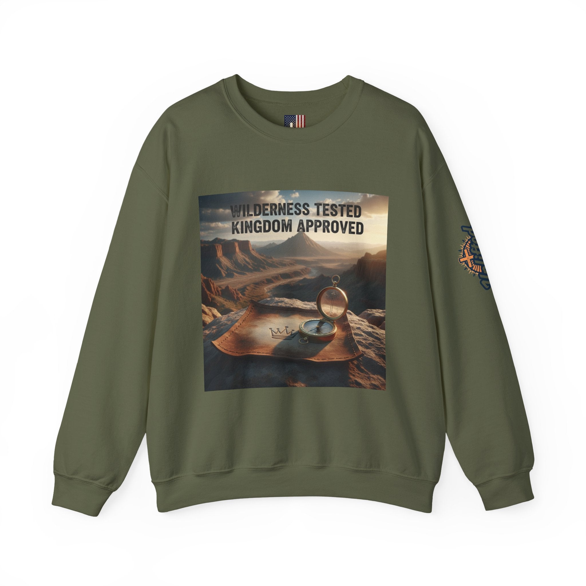 Wilderness Tested Kingdom Approved Sweatshirt – Mountain Desert Compass Crown Christian Sweatshirt for Biblical Adventure Faith Printify