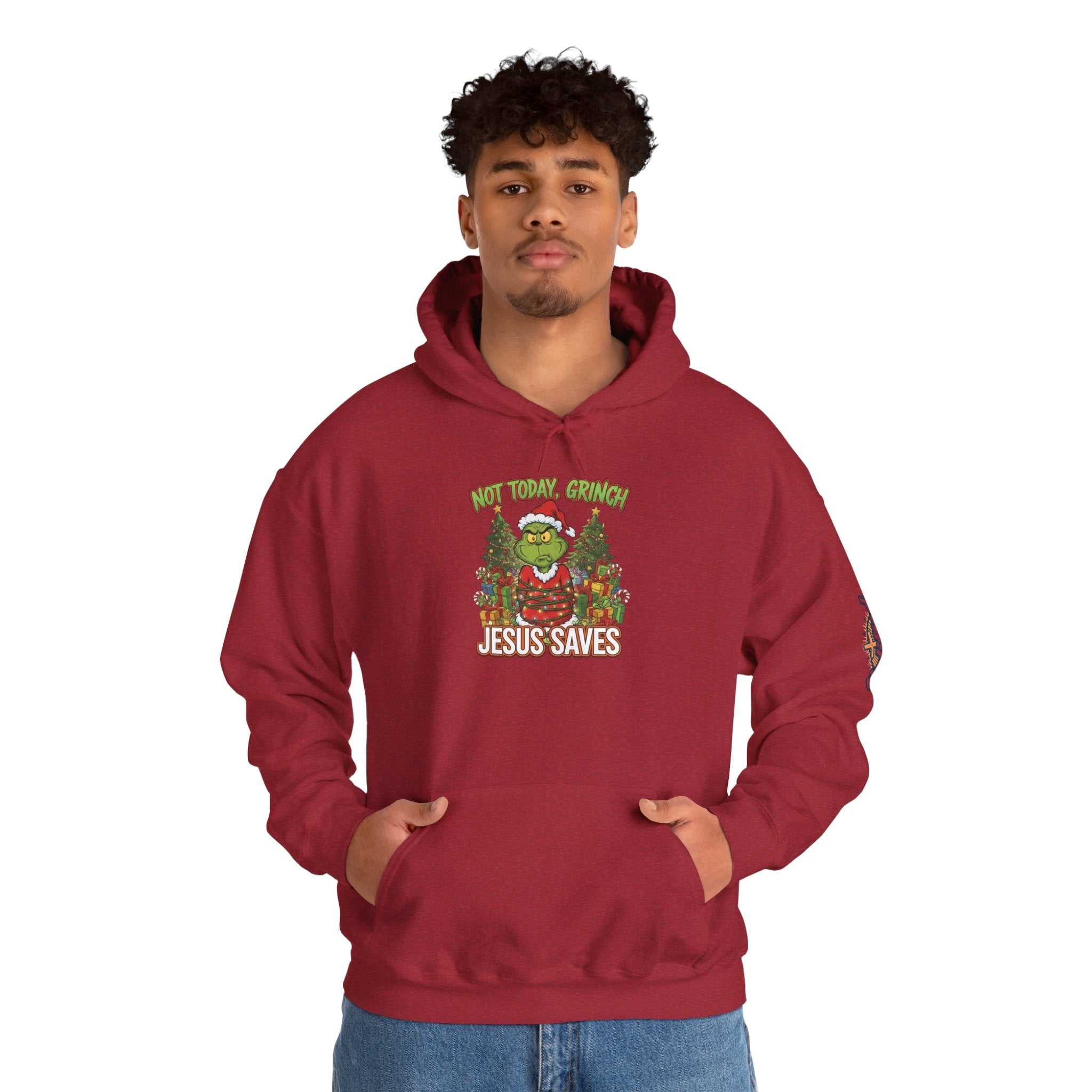 🎄 Not Today, Grinch – Jesus Saves | Funny Christian Christmas Hoodie | Sulking Grinch & Glowing Cross | Bold Neon Faith Tee by Uplifted Gear Printify