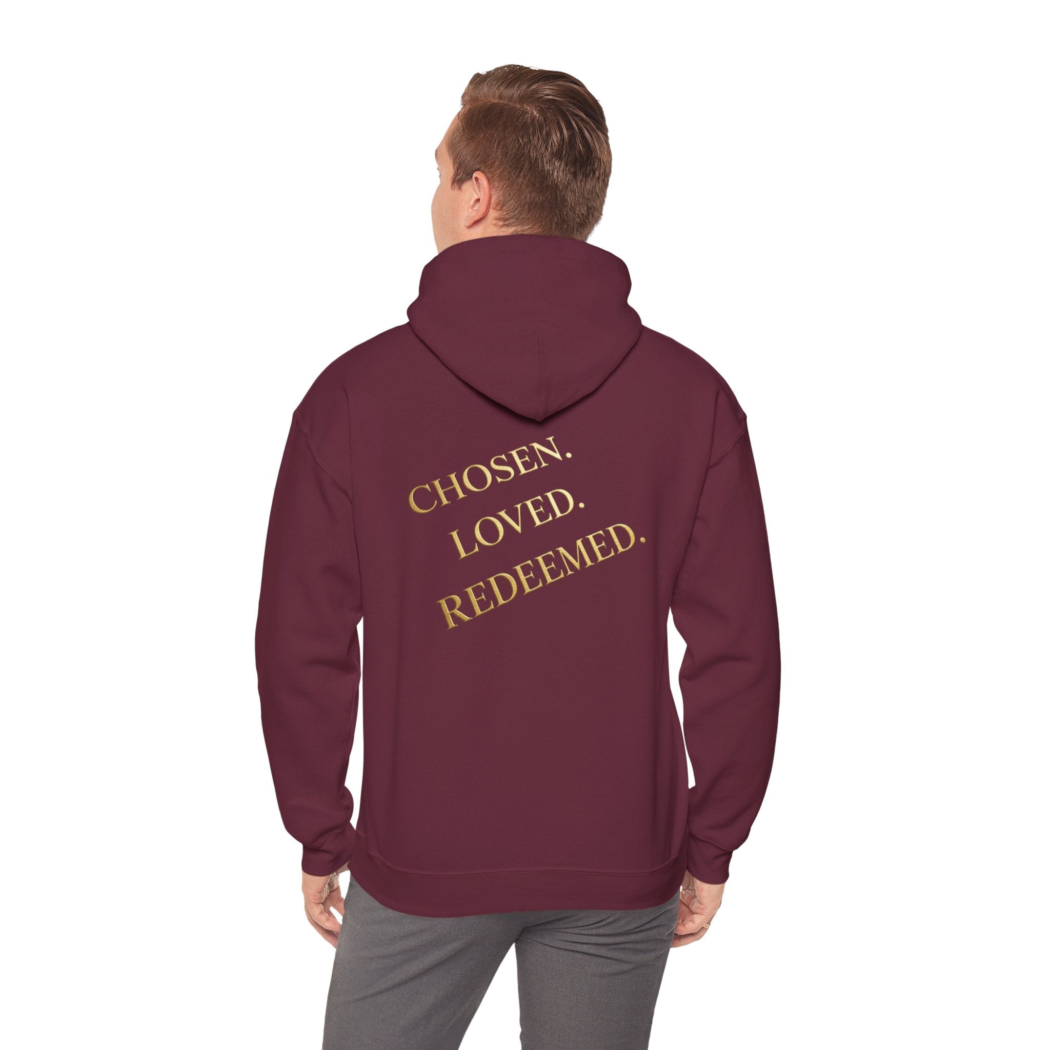 ✨ Chosen. Loved. Redeemed. – Elegant Christian Hoodie | Gold Foil Faith Tee | Subtle Cross & Heart Design | Inspirational Bible Verse Apparel by Uplifted Gear Printify