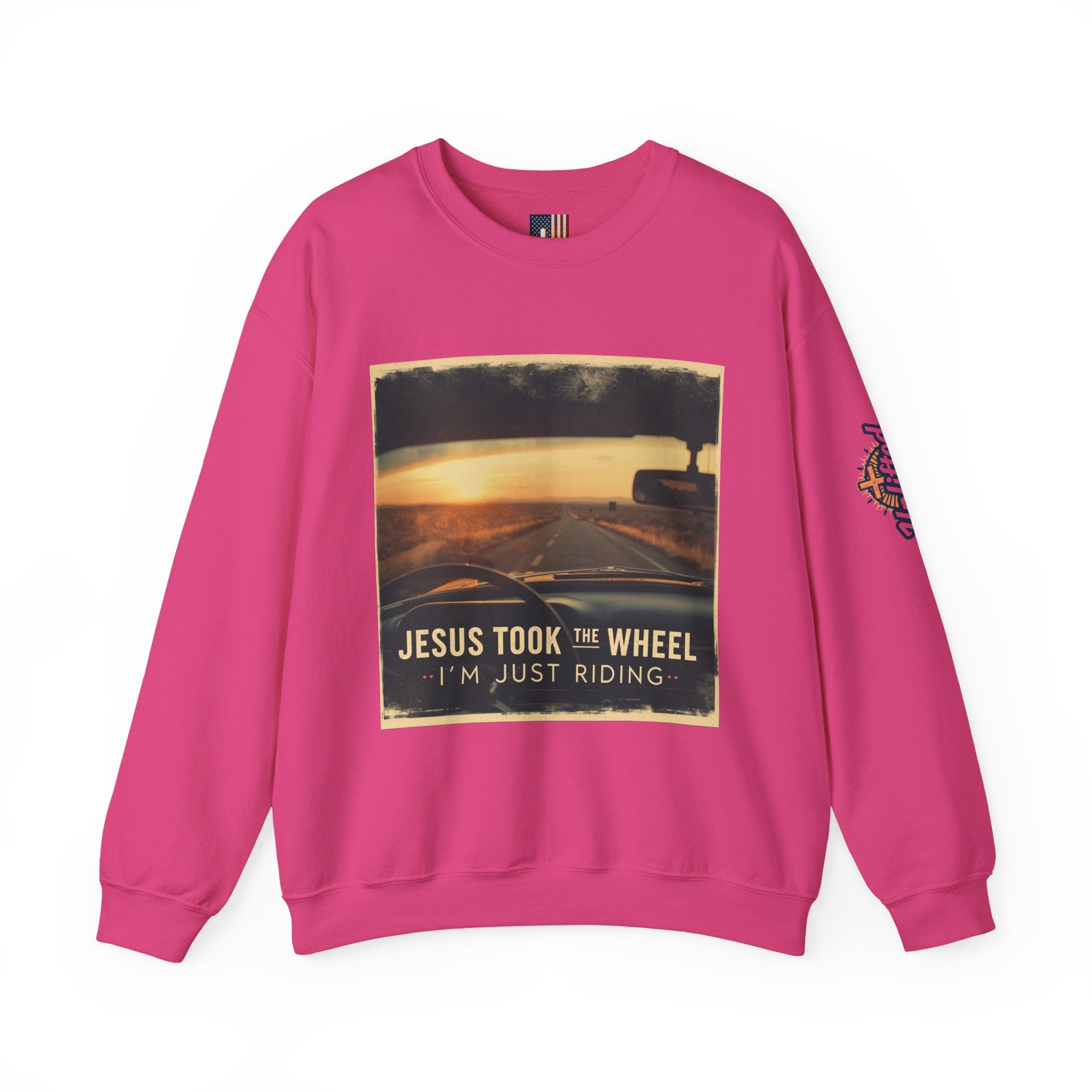 Jesus Took the Wheel I'm Just Riding Sweatshirt – Funny Christian Convertible Car Sweatshirt for Surrendered Faith & Humor Printify