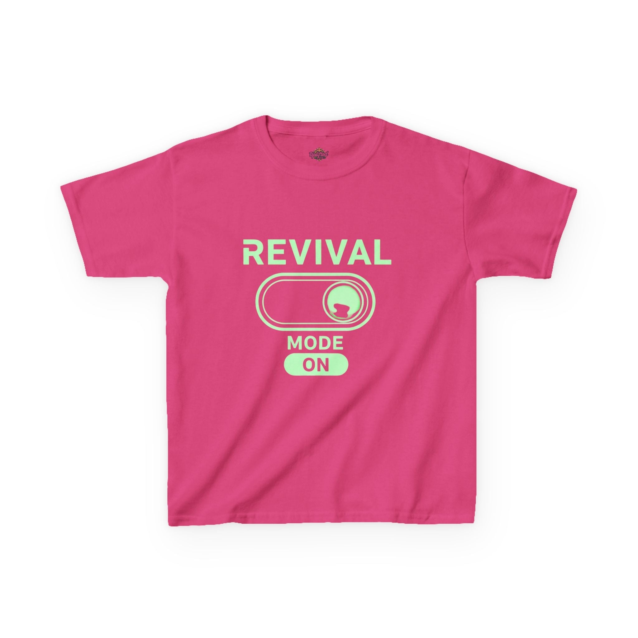 🔥 Revival Mode: ON – Christian Techwear Kids T-Shirt | Glowing Green Faith Switch | Futuristic Jesus Shirt | Activate Your Spiritual Awakening | Uplifted Gear Printify