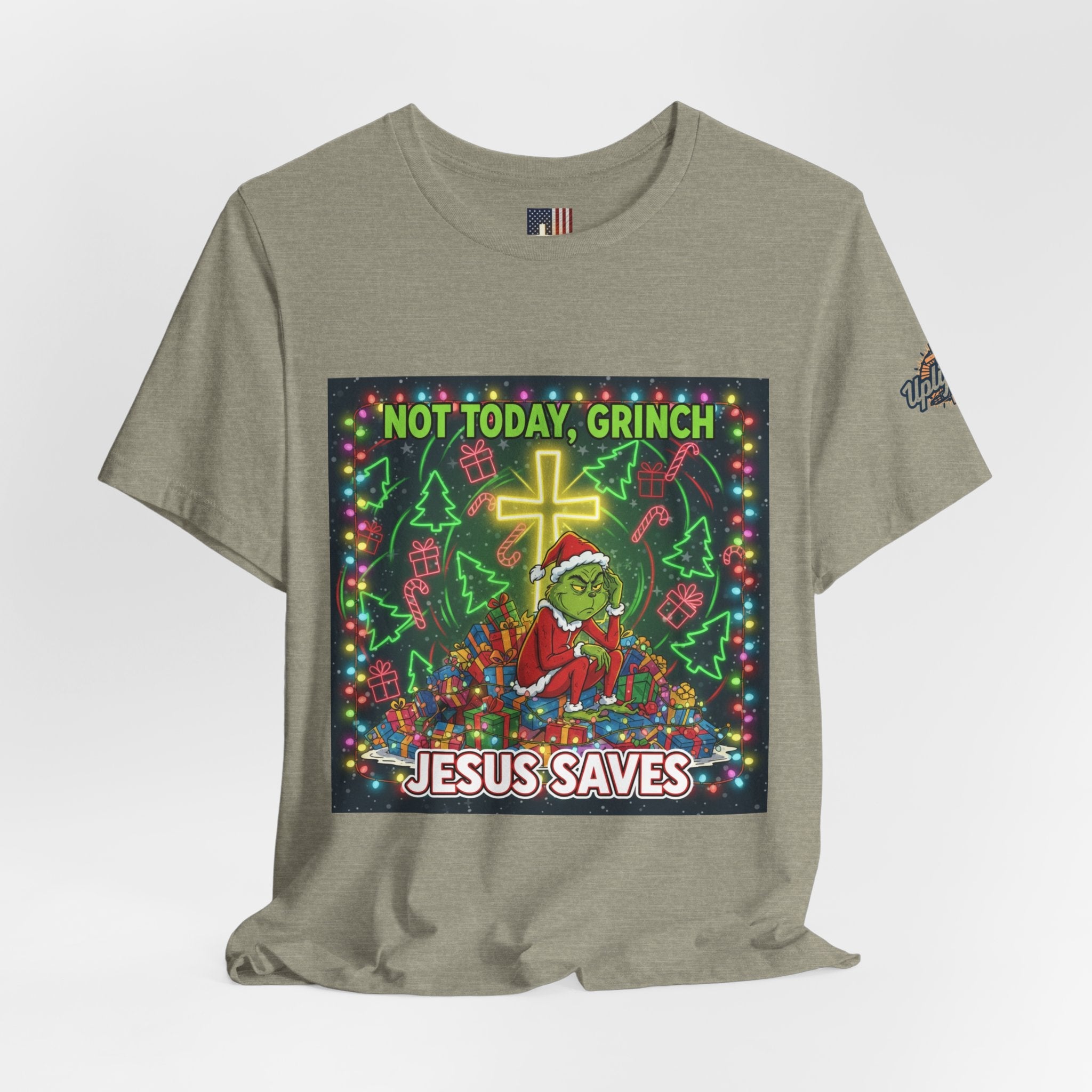🎄 Not Today, Grinch – Jesus Saves | Funny Christian Christmas T-Shirt | Festive Green & Red Cartoon Style | Bold Faith Holiday Tee by Uplifted Gear Printify