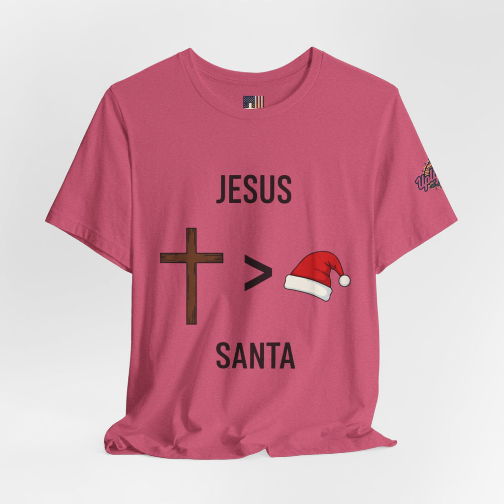 🎄 Jesus > Santa – Minimalist Christian Christmas T-Shirt | Bold Faith Over Holiday Tee | Cross vs Santa Hat Design | Uplifted Gear Printify