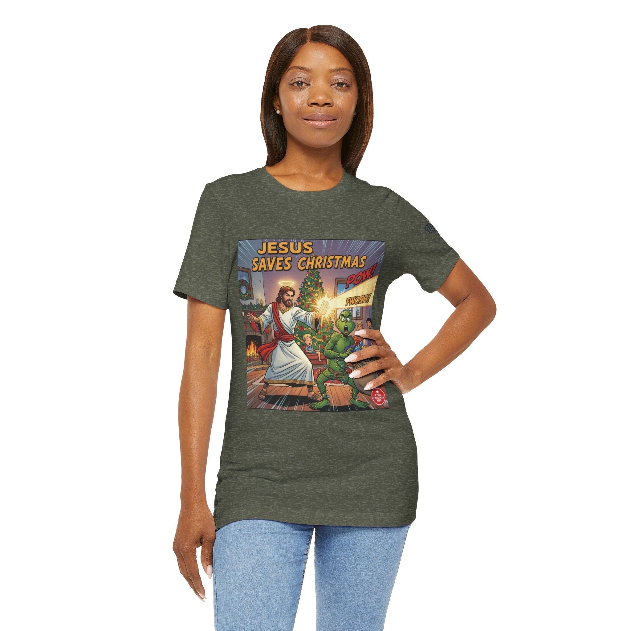 Jesus Saves Christmas T-shirt – Grinch vs Savior Light Battle Christian T-shirt for Hilarious Holiday Faith & True Joy Printify