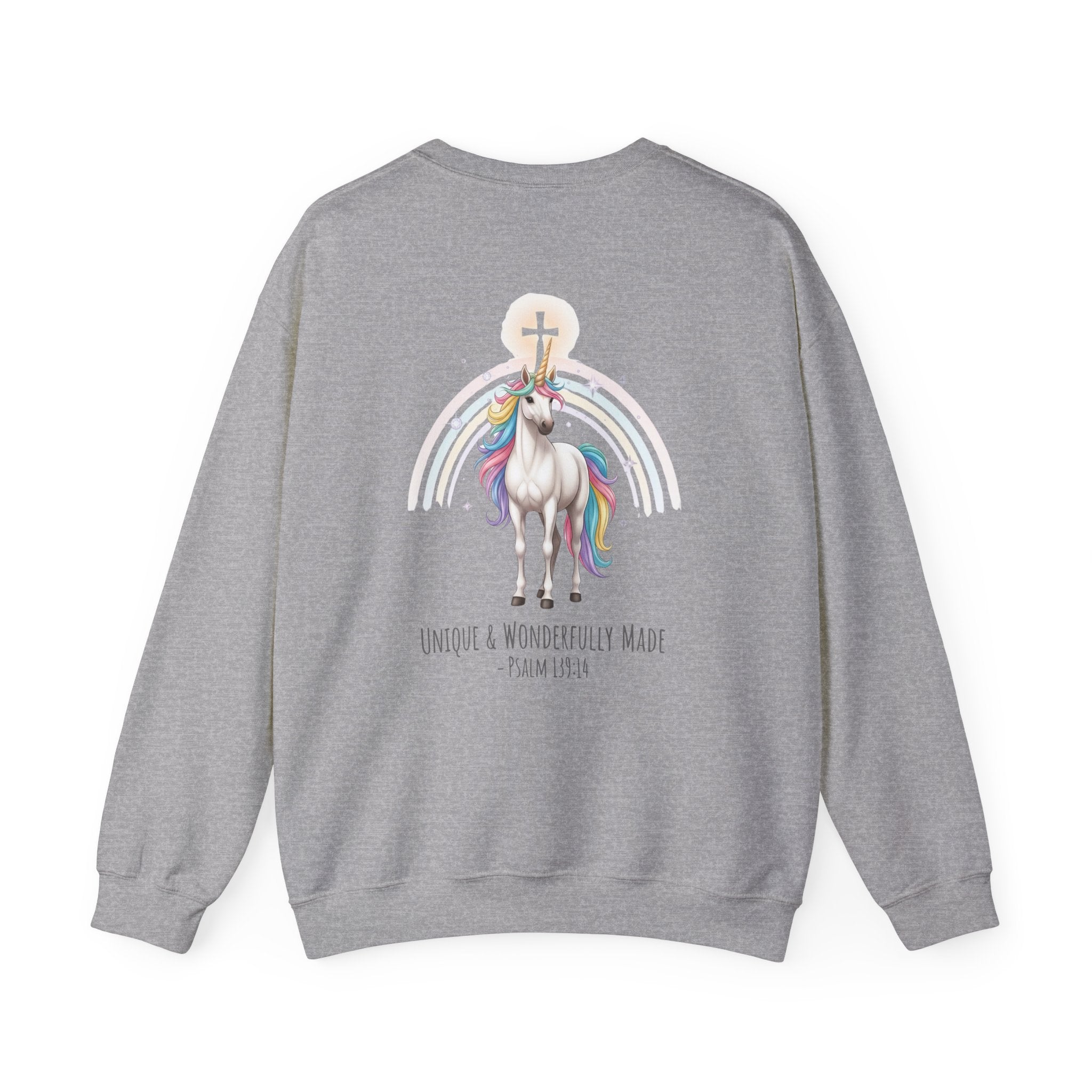 Unique Unicorn Sweatshirt – Rainbow Cross Psalm 139:14 Christian Sweatshirt for Wonderfully Made Printify