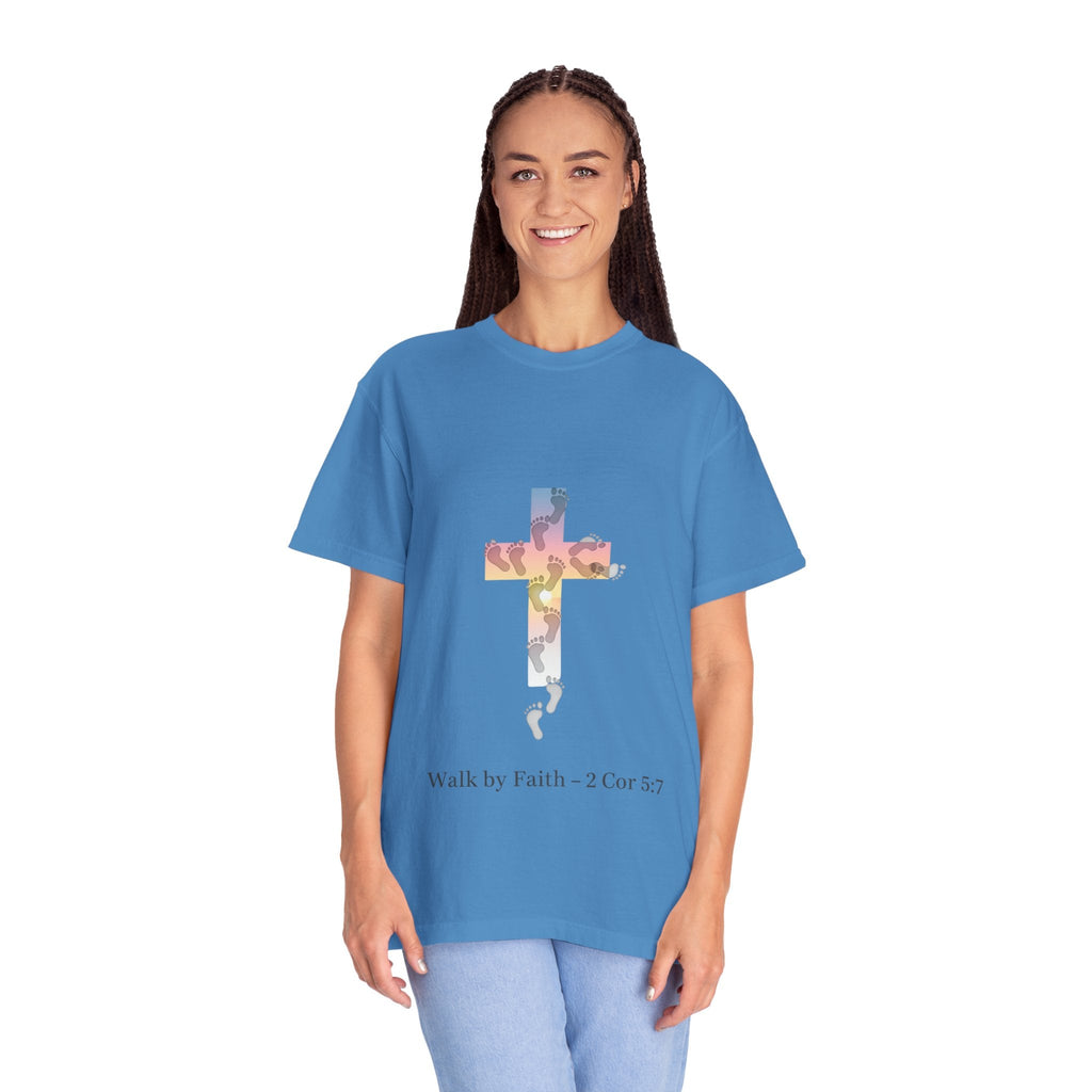 Walk by Faith T-Shirt – Cross & Footprints Christian Tee for Bold Believers Printify