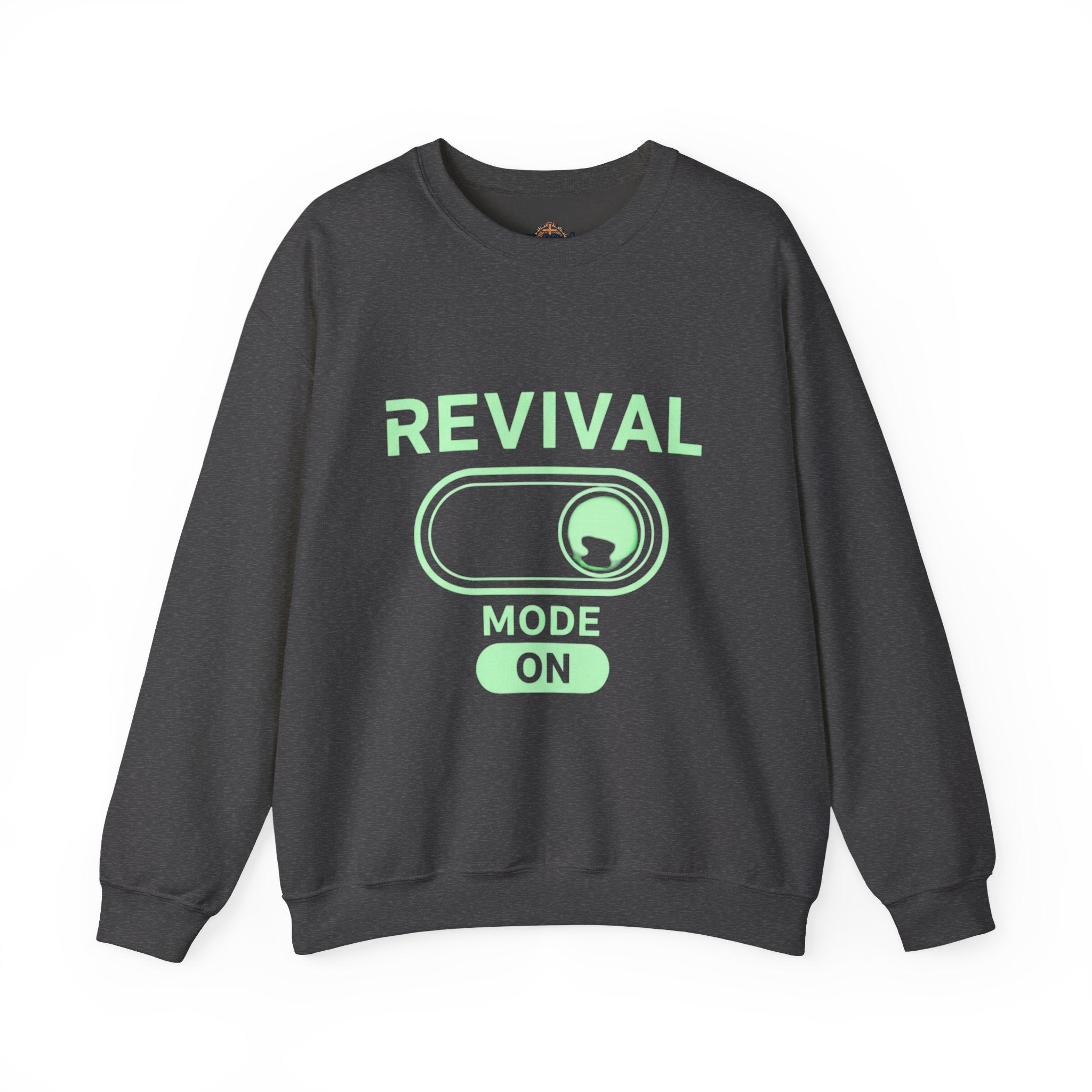 🔥 Revival Mode: ON – Christian Techwear Sweatshirt | Glowing Green Faith Switch | Futuristic Jesus Shirt | Activate Your Spiritual Awakening | Uplifted Gear Printify