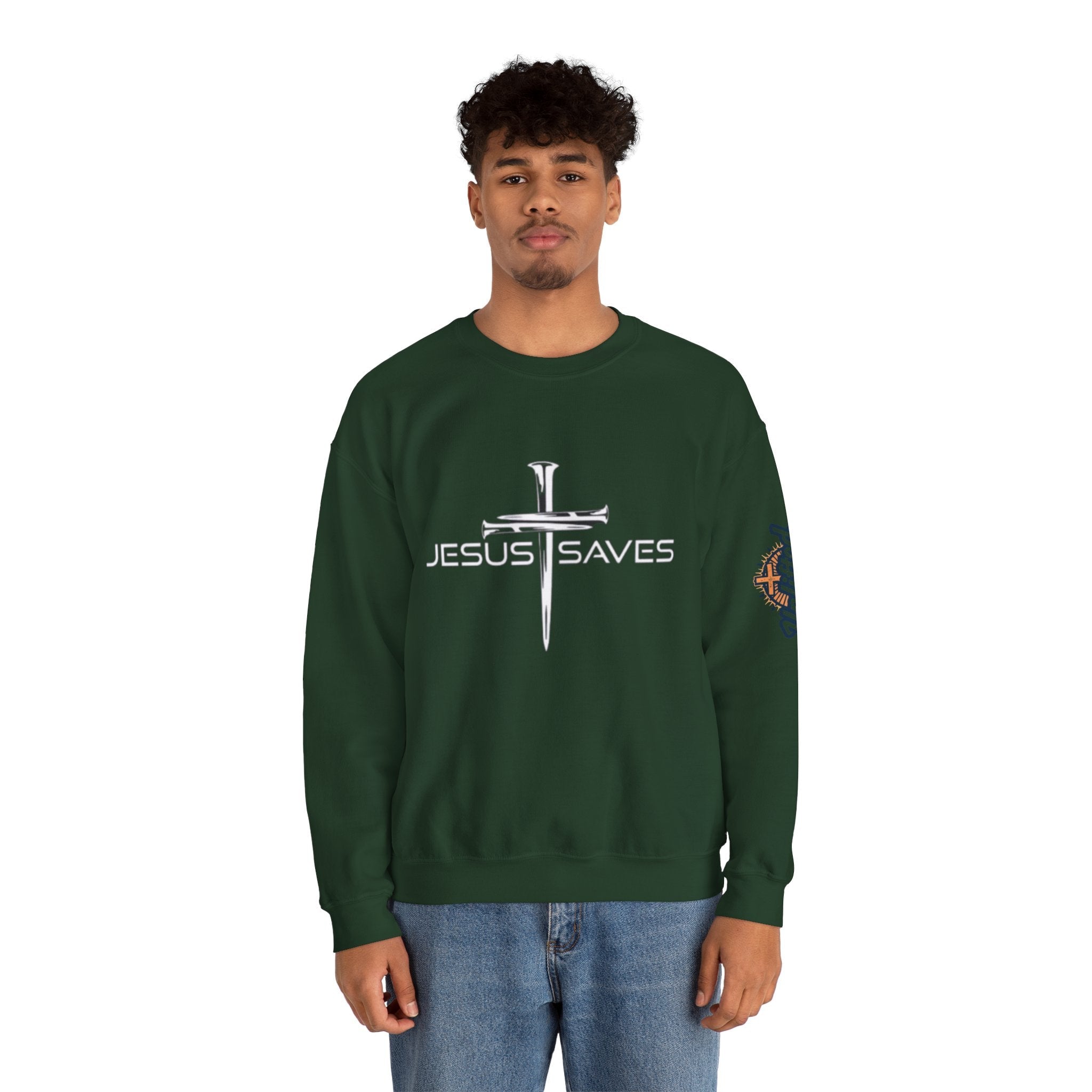 Jesus Saves Sweatshirt – 3 Nails Crucifix Cross Christian Sweatshirt for Redemption Faith & Bold Salvation Printify