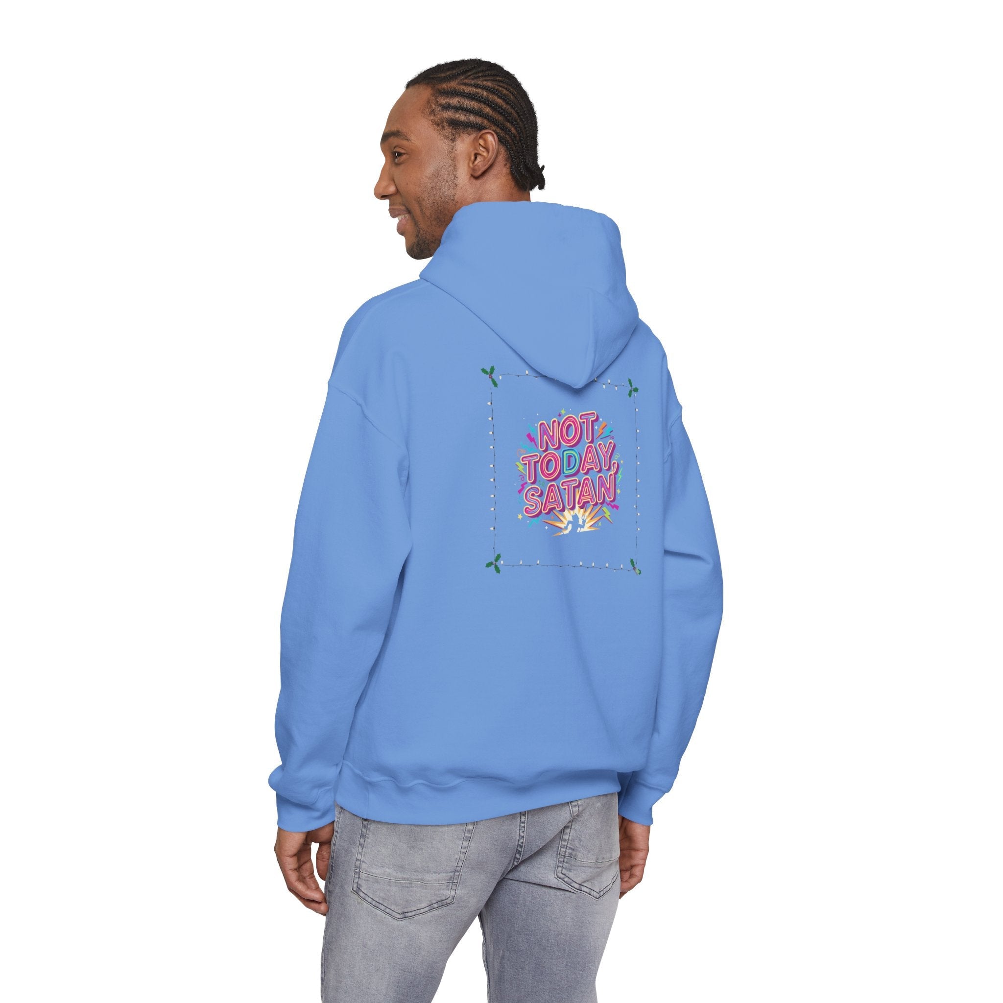 🔥 Not Today, Satan – Retro 90s Christian Hoodie | Neon Faith Tee | Funky Cartoon Devil | Bold Bible Verse Shirt | Uplifted Gear Printify