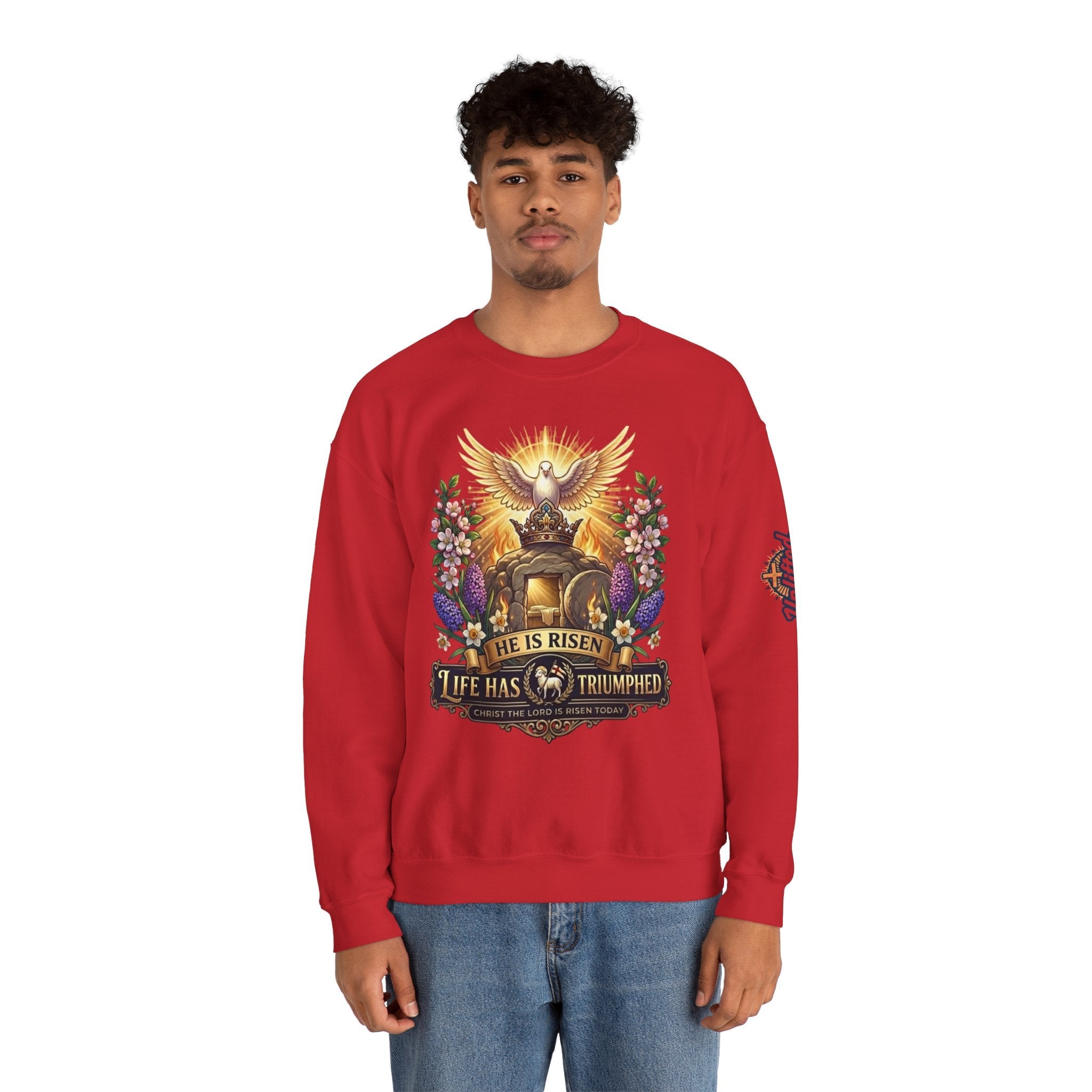He Is Risen "Life Has Triumphed" Sweatshirt — Easter Resurrection Christian Sweatshirt Printify