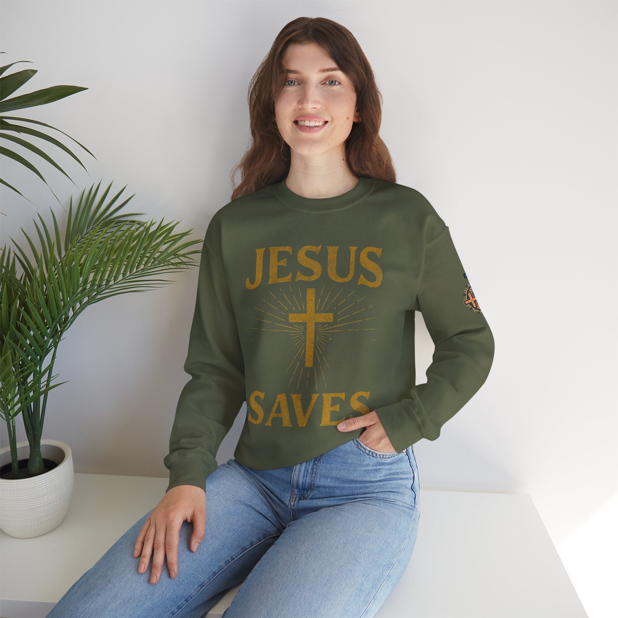 Jesus Saves Sweatshirt – Radiant Cross & Rays of Light Christian Sweatshirt for Eternal Hope & Faith Printify