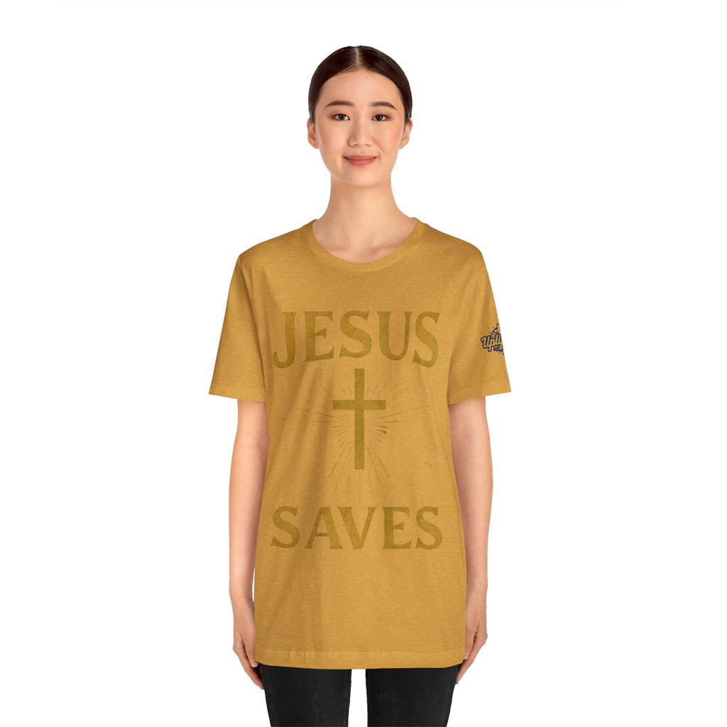 Jesus Saves T-shirt – Radiant Cross & Rays of Light Christian T-shirt for Eternal Hope & Faith Printify