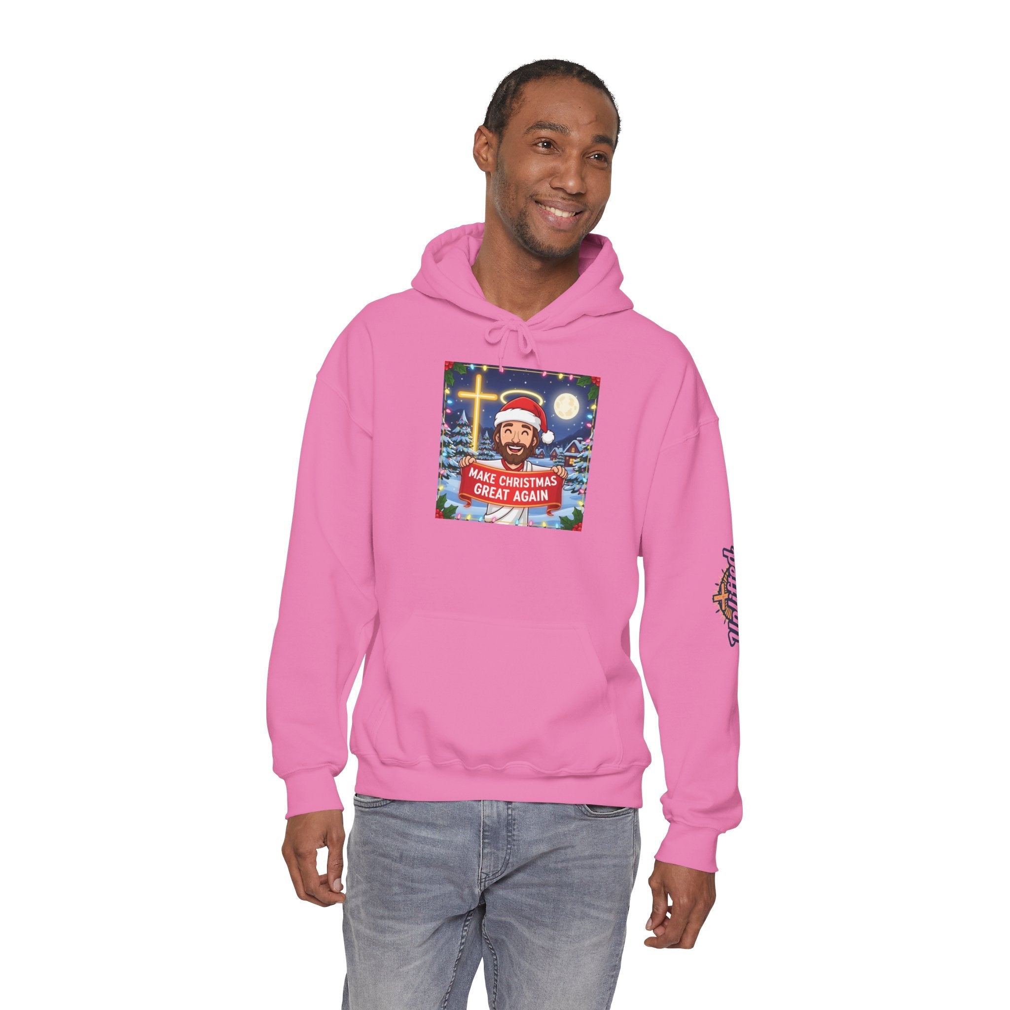 🎄 Make Christmas Great Again – Funny Christian Hoodie | Jesus Holding Banner | Faith-Based Holiday Parody Tee | Uplifted Gear Printify