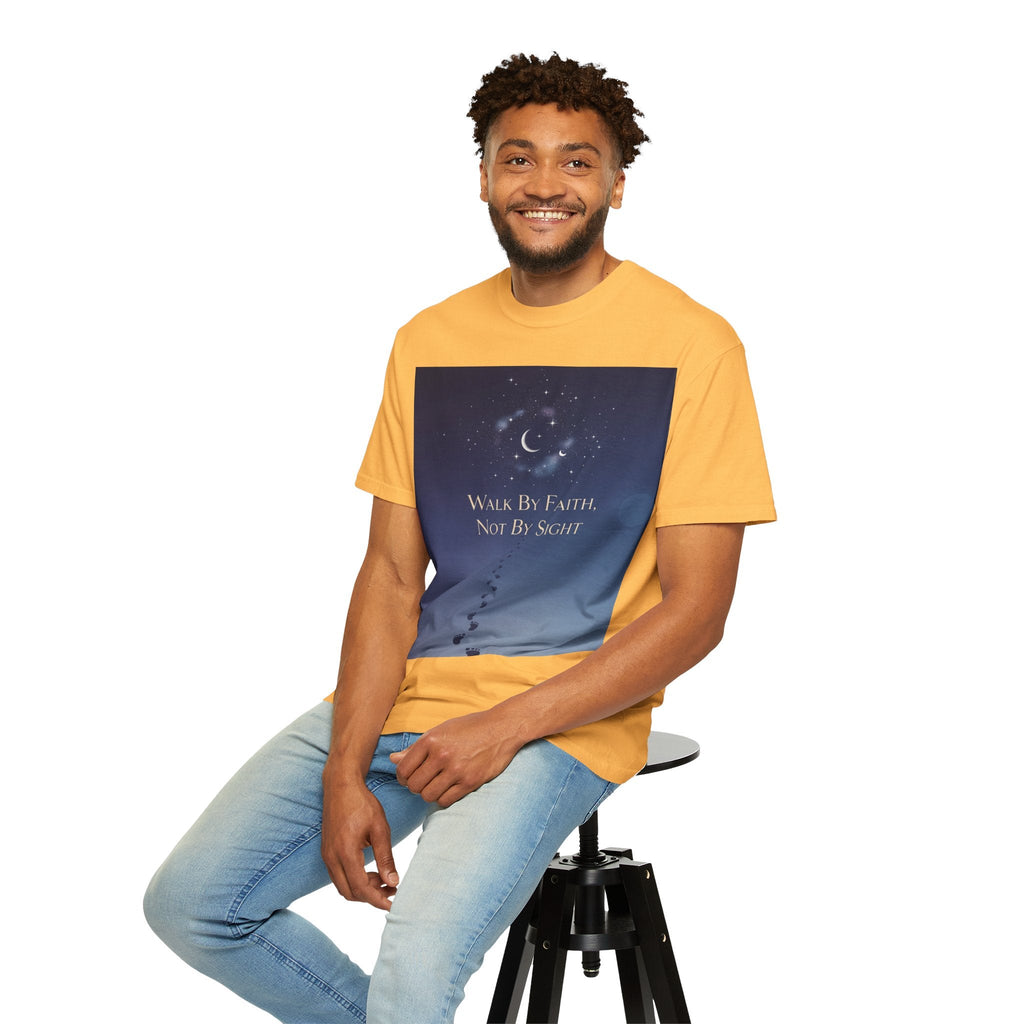 Walk by Faith, Not by Sight T-Shirt – Footprints in the Sand Christian Moonlit Tee Printify