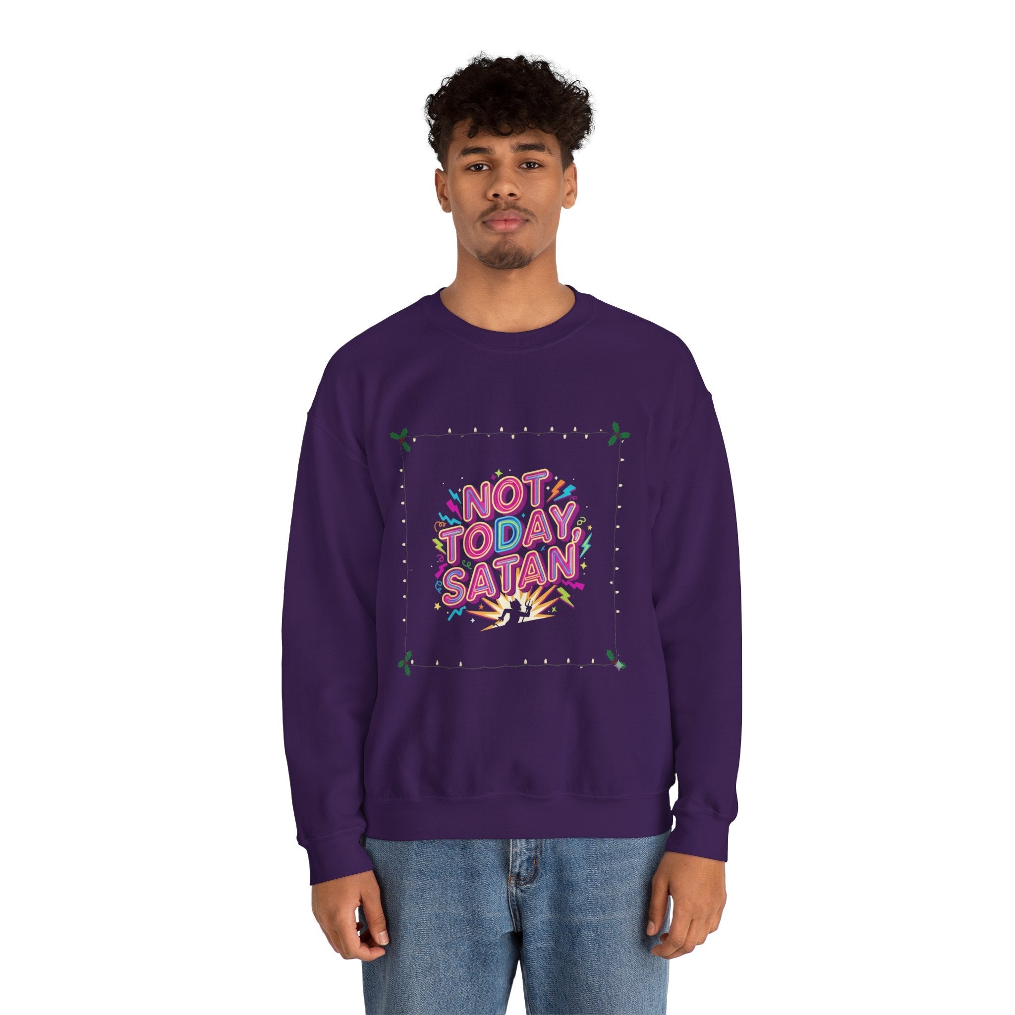 🔥 Not Today, Satan – Retro 90s Christian Sweatshirt | Neon Faith Tee | Funky Cartoon Devil | Bold Bible Verse Shirt | Uplifted Gear Printify