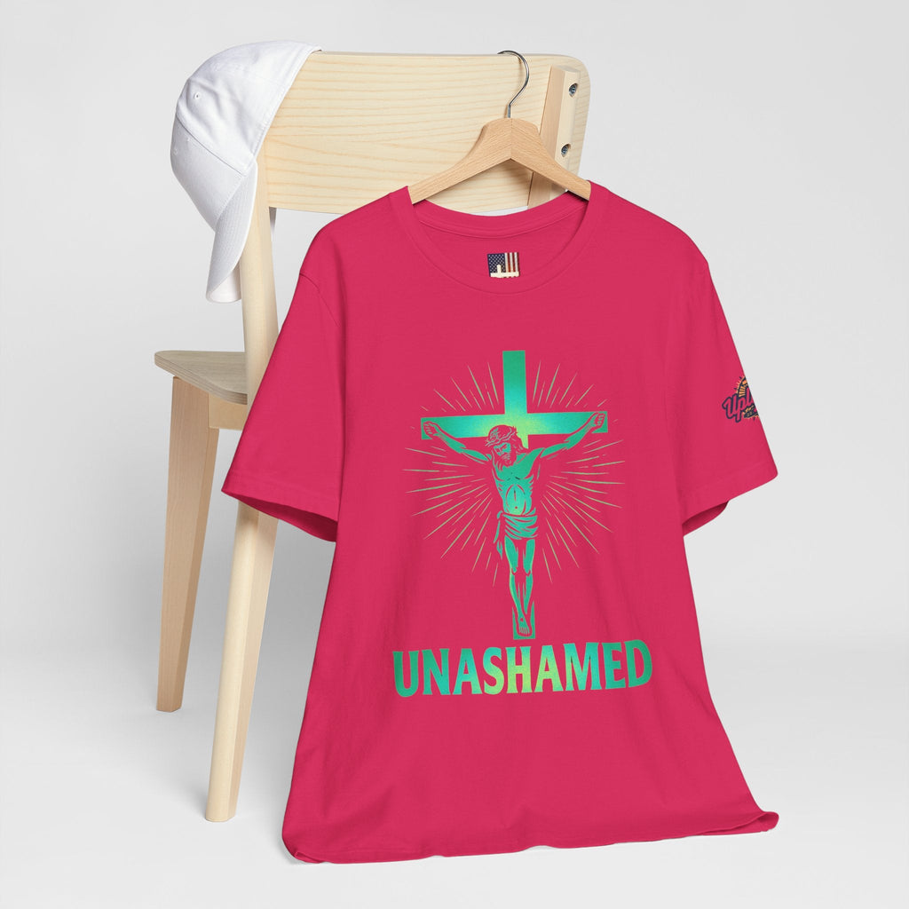 Unashamed T-shirt – Romans 1:16 Crucifixion Christian t-shirt for Bold Unwavering Faith Printify