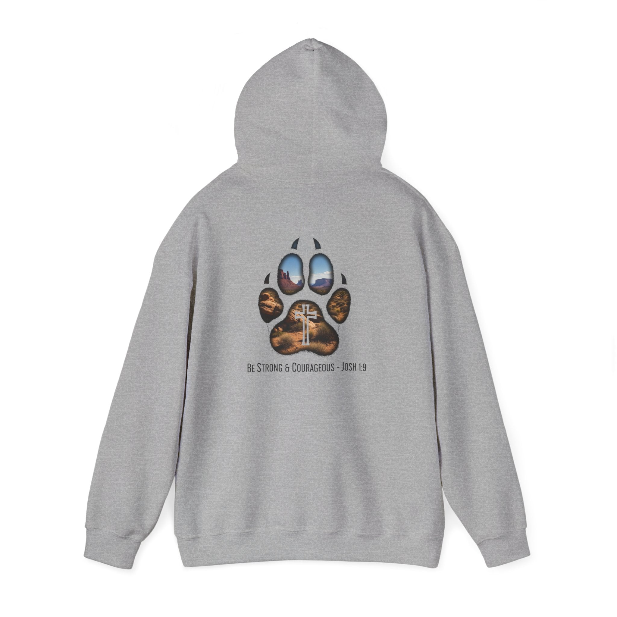 Strong and Courageous Hoodie – Joshua 1:9 Canine Pawprint Desert Christian Hoodie for Dog Lovers Printify