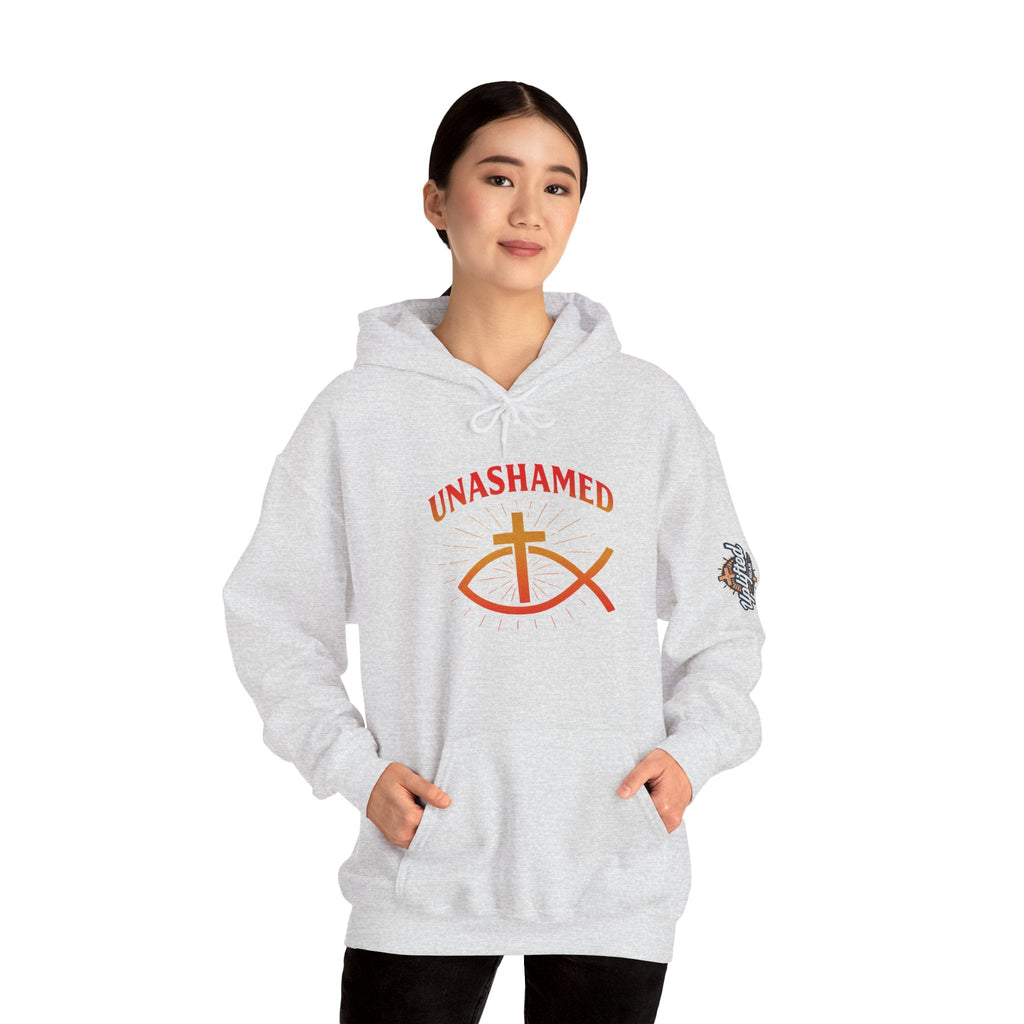 Unashamed Hoodie – Ichthys Jesus Fish & Cross Christian Sweatshirt for Romans 1:16 Bold Faith Printify
