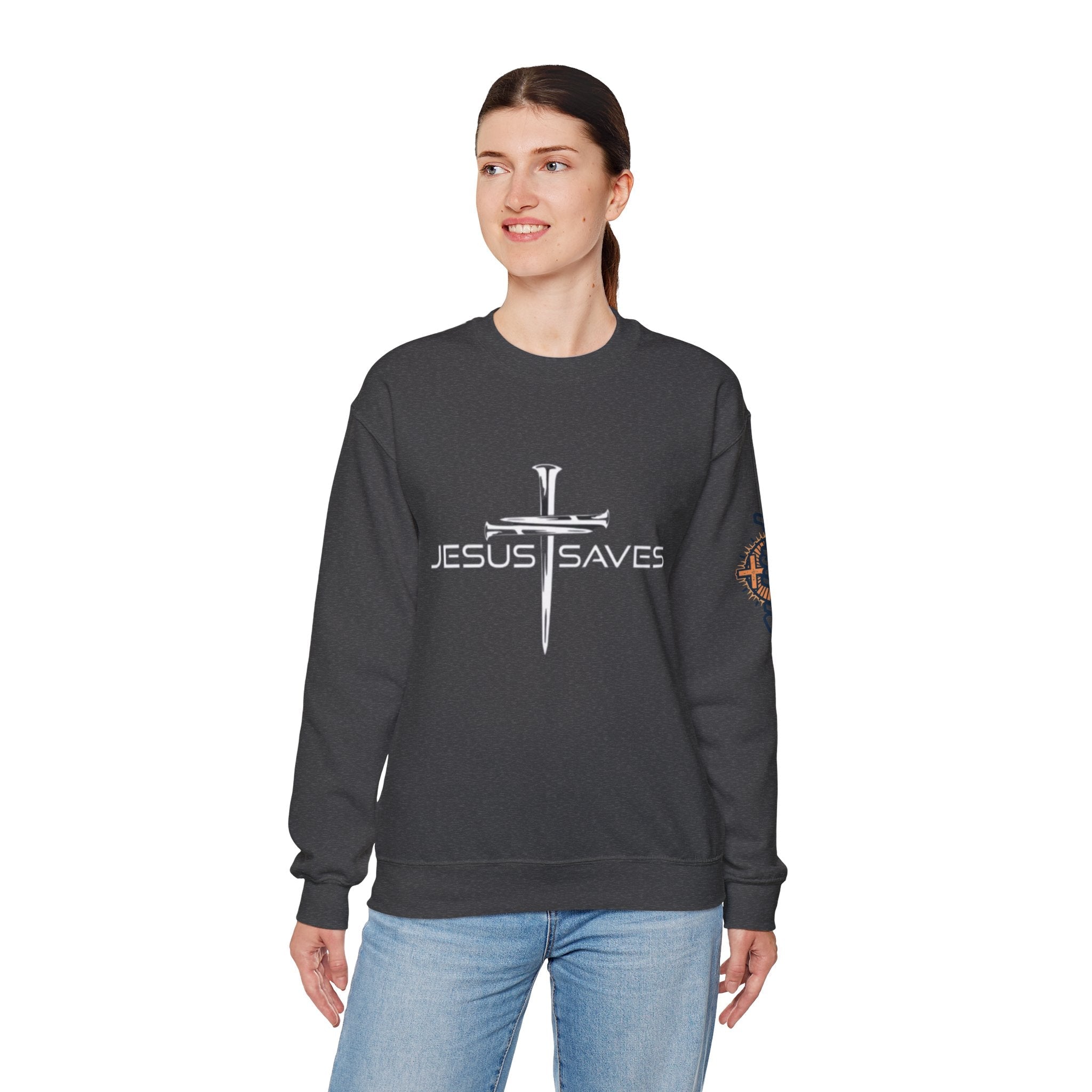 Jesus Saves Sweatshirt – 3 Nails Crucifix Cross Christian Sweatshirt for Redemption Faith & Bold Salvation Printify