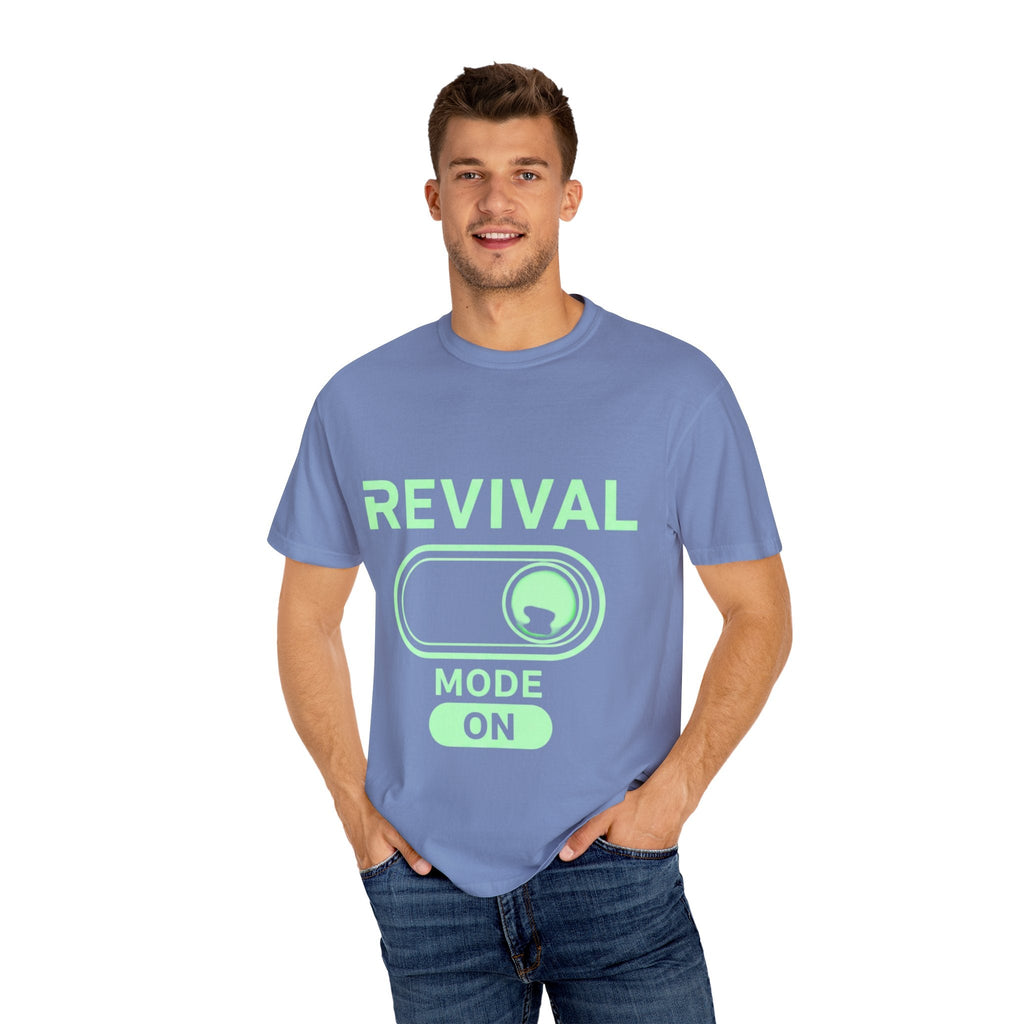 🔥 Revival Mode: ON – Christian Techwear T-Shirt | Glowing Green Faith Switch | Futuristic Jesus Shirt | Activate Your Spiritual Awakening | Uplifted Gear Printify