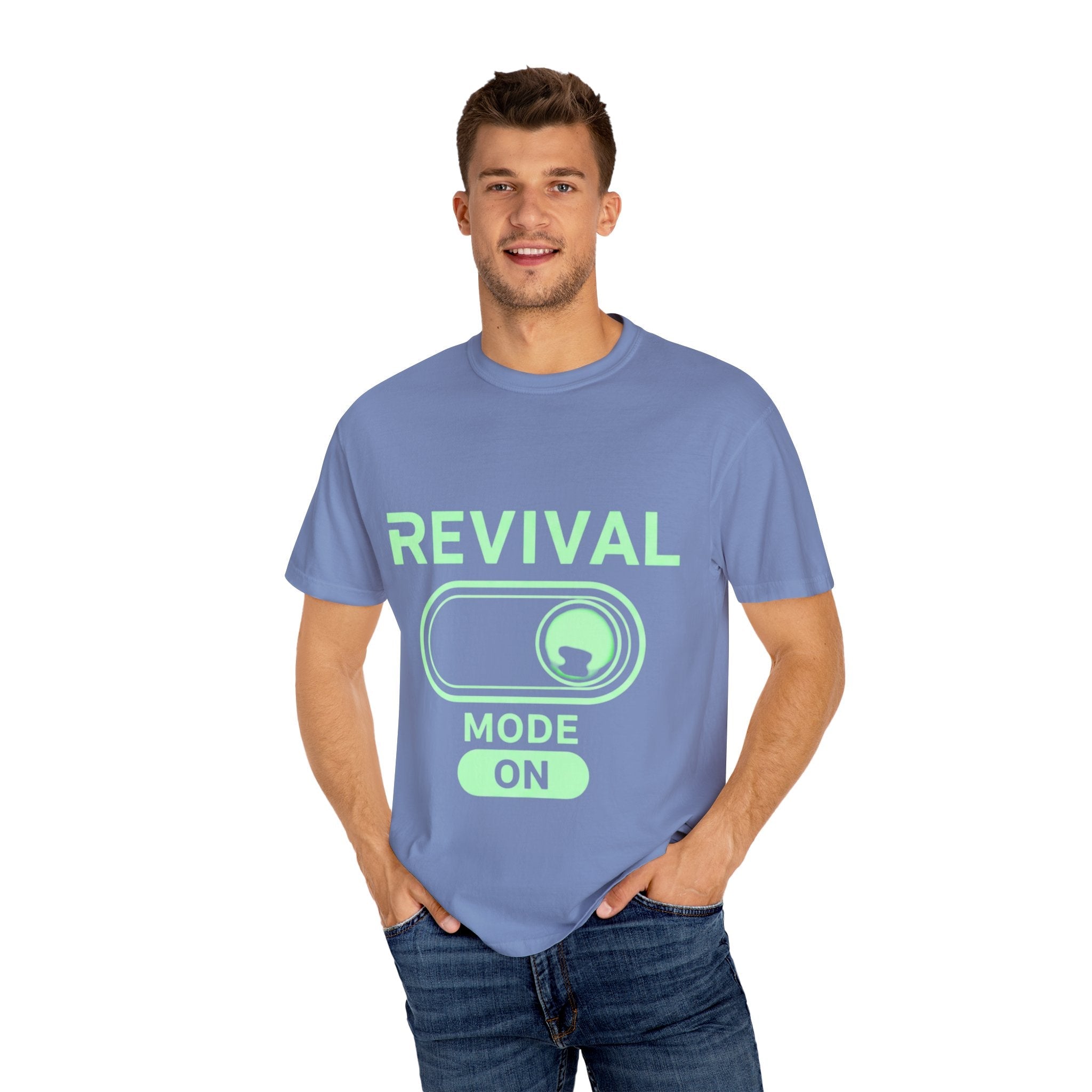 🔥 Revival Mode: ON – Christian Techwear T-Shirt | Glowing Green Faith Switch | Futuristic Jesus Shirt | Activate Your Spiritual Awakening | Uplifted Gear Printify